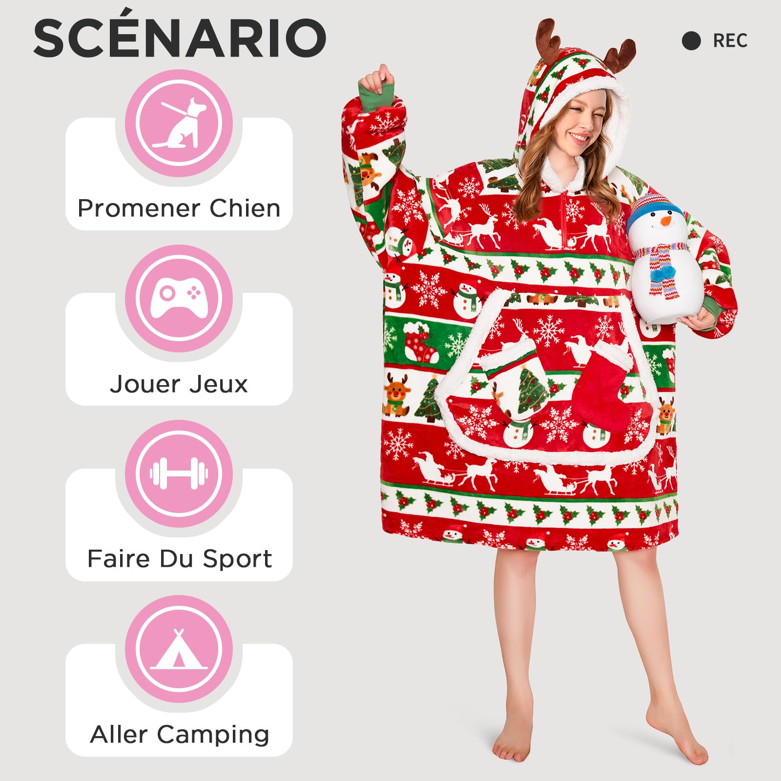 OLAOLA Unisexe Sweat à Capuche Couverture Surdimensionnée pour Adultes, Pull Plaid à Capuche en Polaire Sherpa avec Manches et Poches, Sweat Plaid Doux et Chaud pour Femme Homme