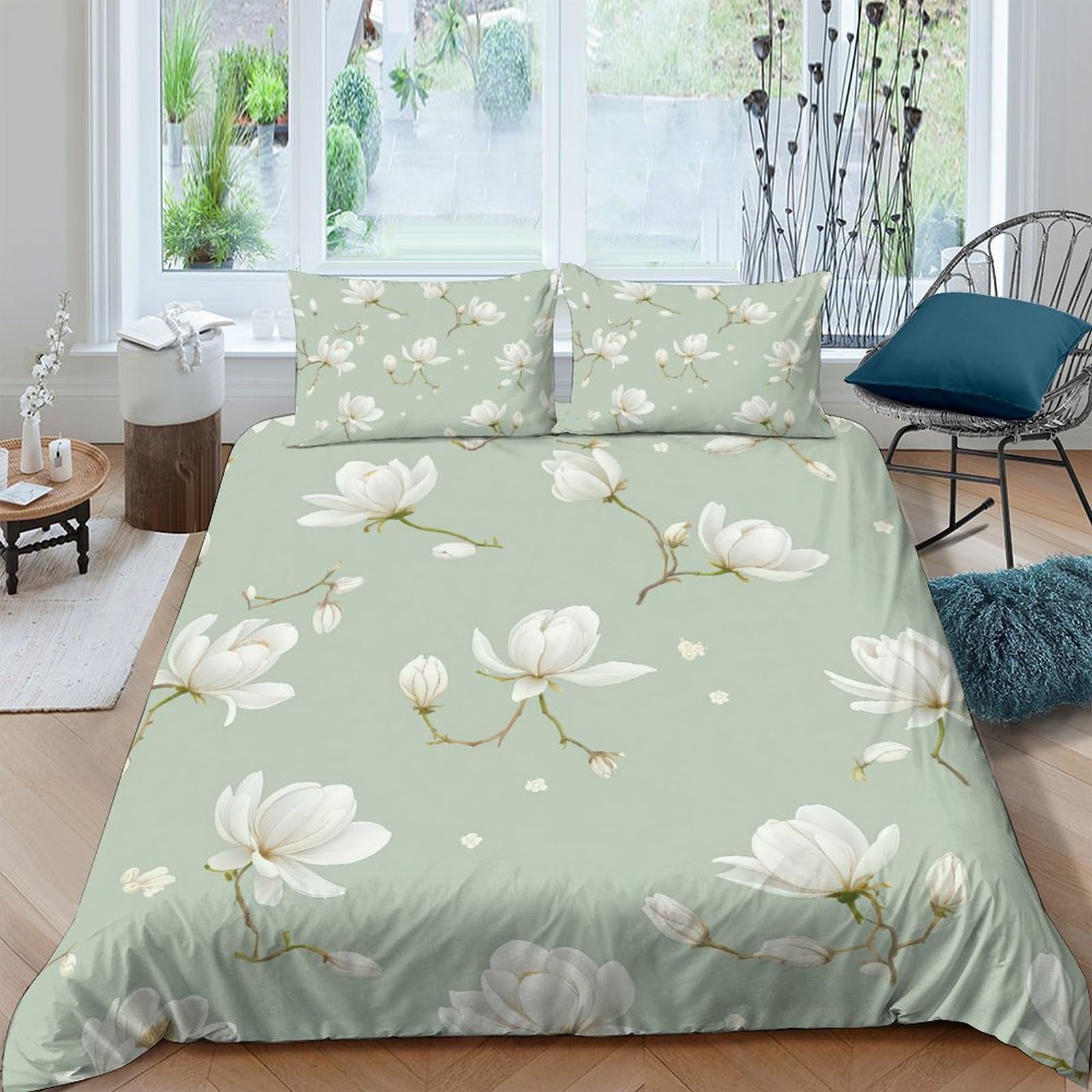 Ctjqhvkz Style-9 3D Printed Magnolia Blossom Fitted Sheet Microfiber Soft Breathable Green Floral Bed Cover For Bedroom Guest Room Decor Single（135X200cm）