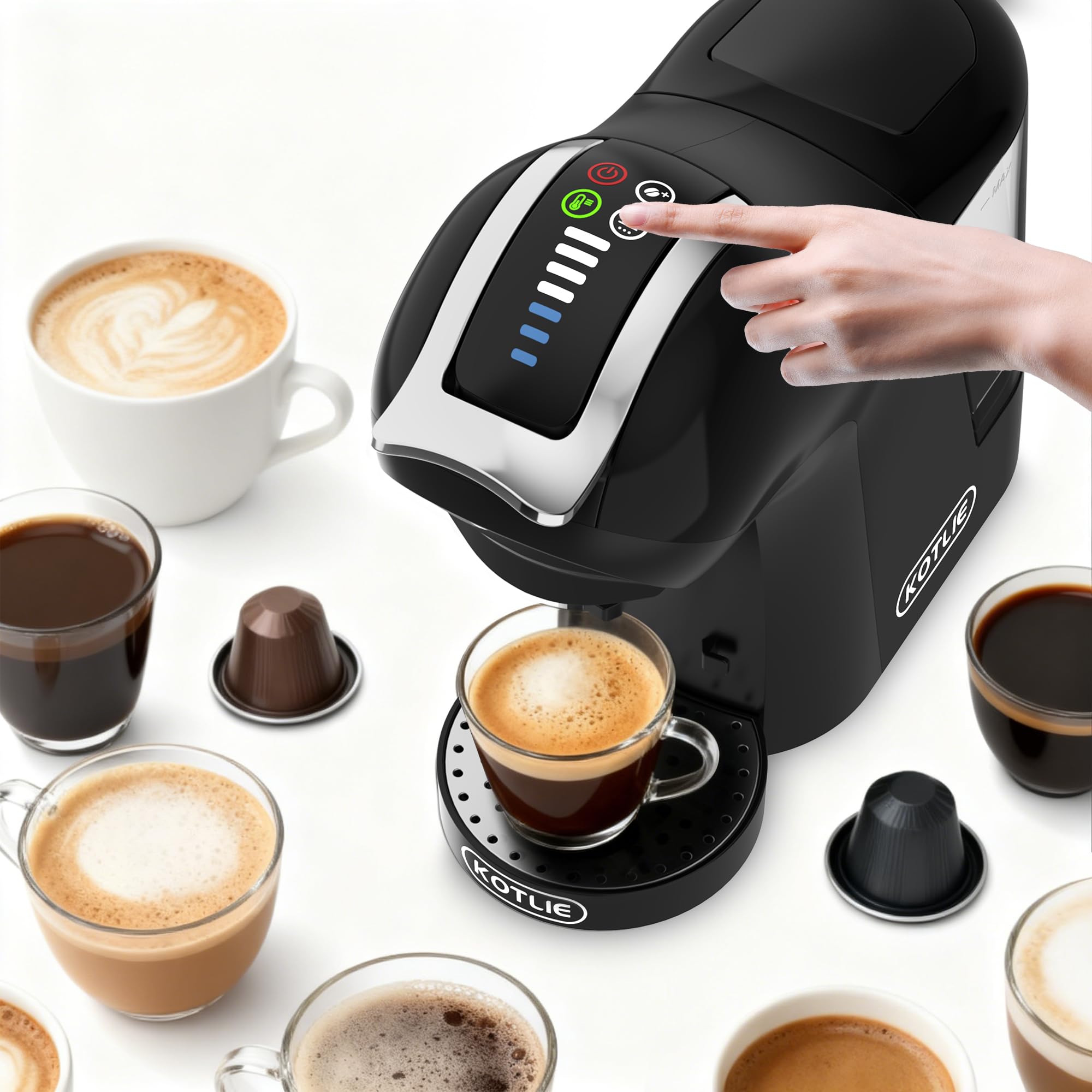 Macchina da caffè a capsule, per Nespresso, per Dolce Gusto, capsule A Modo Mio, caffè in polvere (44 mm) e caffè macinato, con volume e temperatura dell'acqua regolabili (EM-308B)