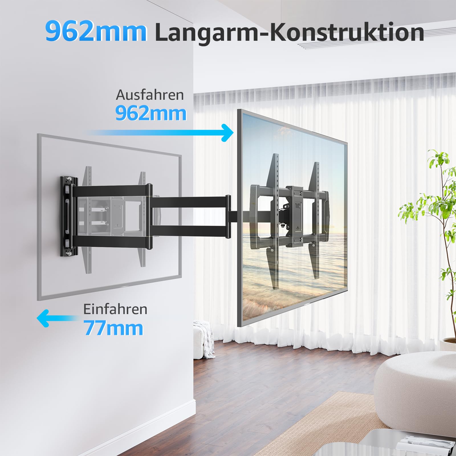 MOUNTUP 962mm Langarm TV Wandhalterung für 42–75 Zoll bis zu 45kg, Schwenkbare Neigbare Wandhalterung Fernseher, Extra Langer Reach Fernseher Halterung, Max VESA 600 x 400mm, EU0047-L