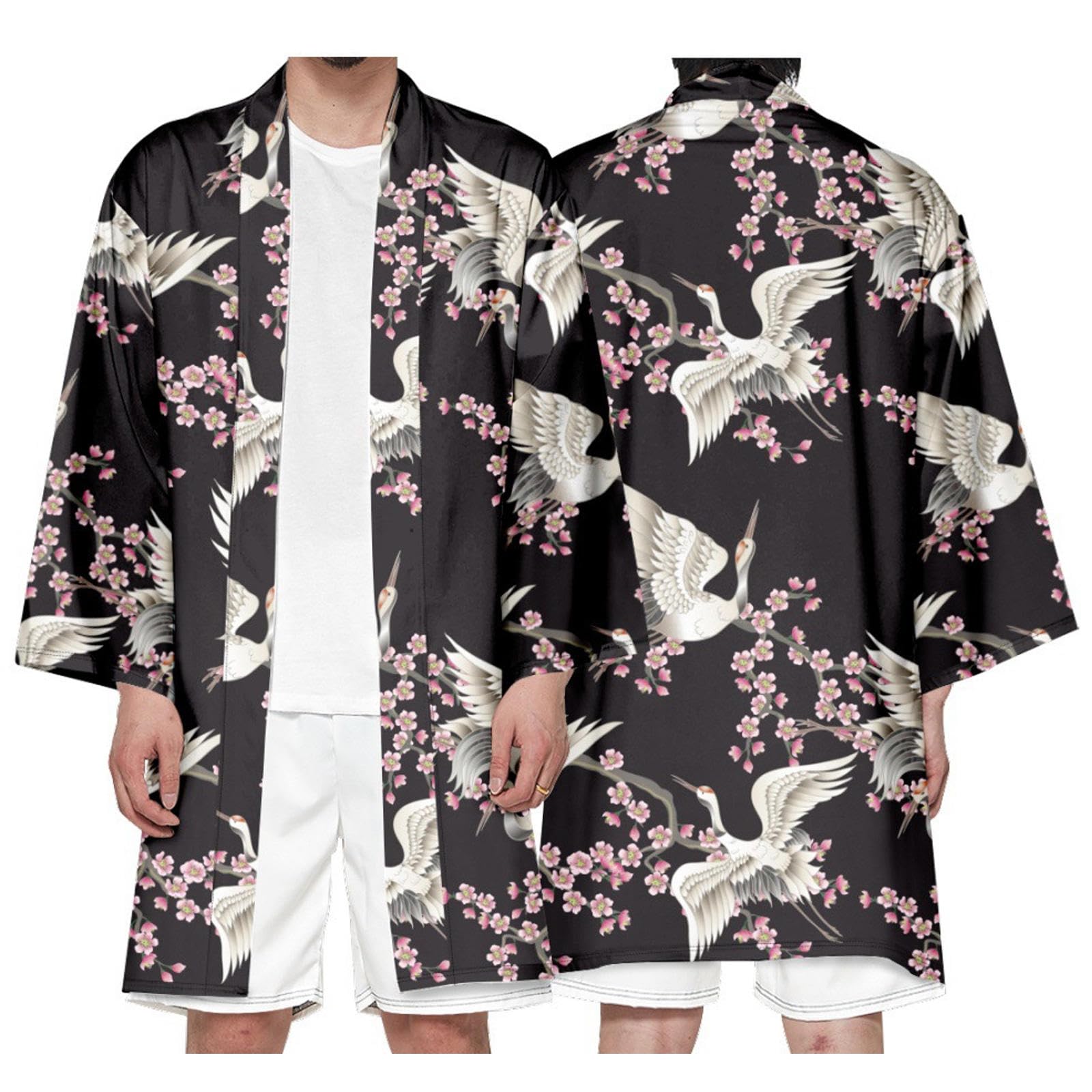Chaqueta Japonesa Haori para Hombre, Kimono Ligero, cárdigan de Manga 3/4, Abrigo Yukata, Bata de baño Abierta al Frente para Primavera y Verano,Black-XXL