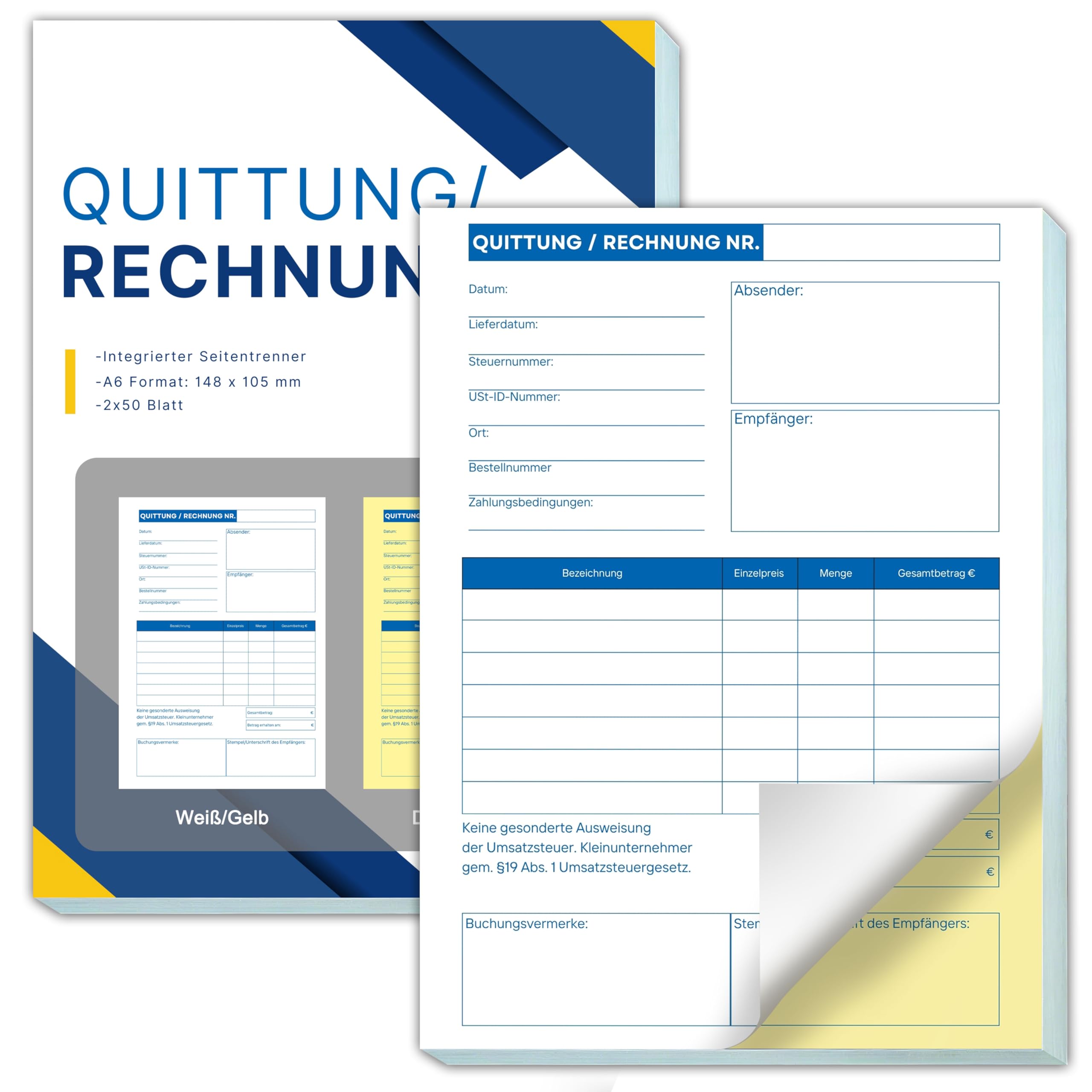 Yezirzax 1 Stück A6 Quittungsblock mit Durchschlag, 2 x 50 Blatt Quittungsblock Kleinunternehmer, Rechnungsblock Durchschreibend für Kleinunternehmer Vereine Selbständige