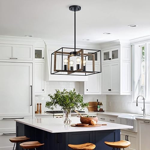 Miniatura 7 de XINGQI Candelabro cuadrado de 4 luces, lámpara de granja, moderna iluminación colgante para cocina, isla, comedor, sala de estar, acabado de grano