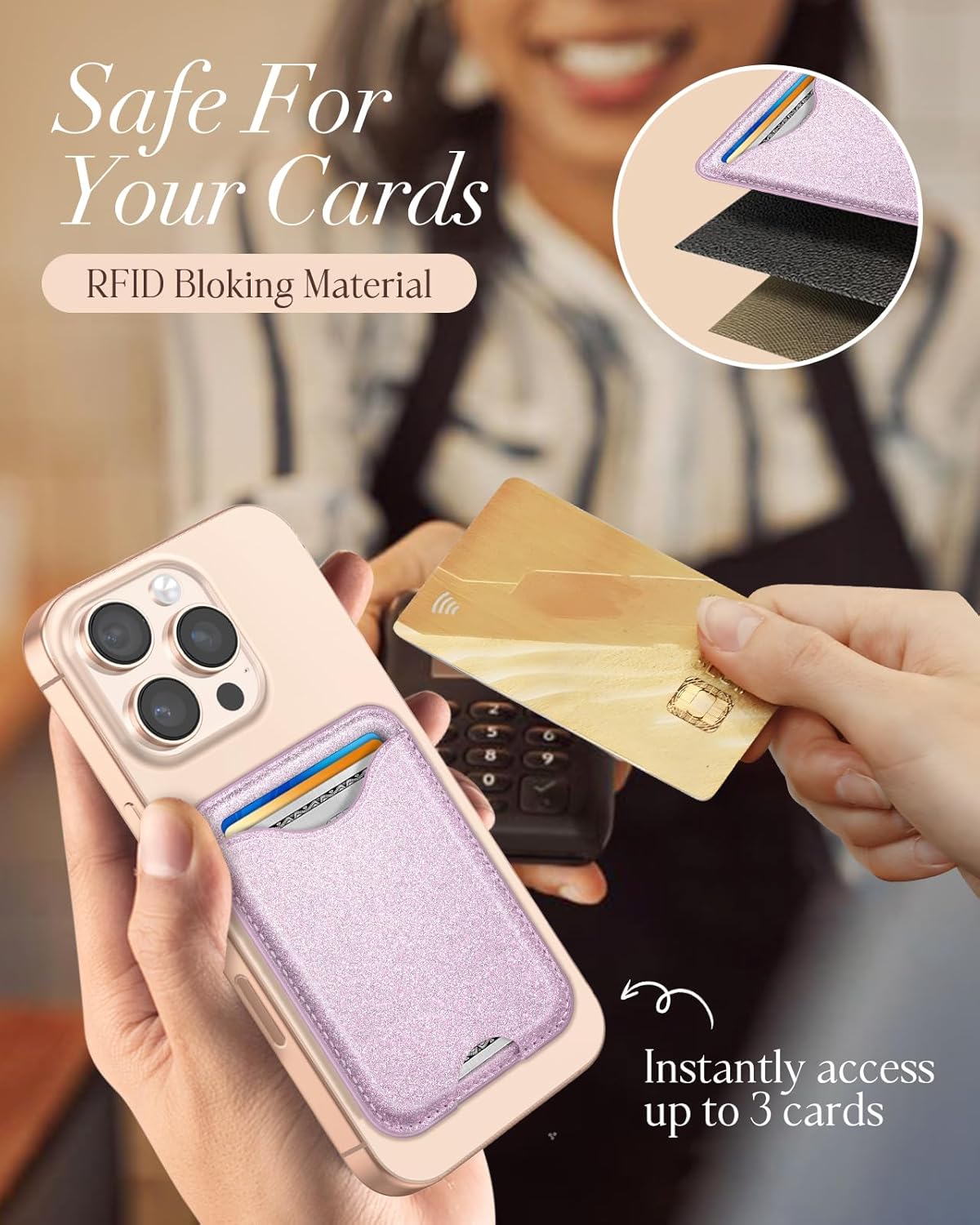 Shorogyt Compatible with Magsafe Wallet Magnetic Card Holder - Glitter Light Purple Phone Wallets for Women Teen Girls for iPhone 17/16/15/14/13/12 Series Slim for Apple Mag RFID Magnet, Fit 3 Cards - Image 5