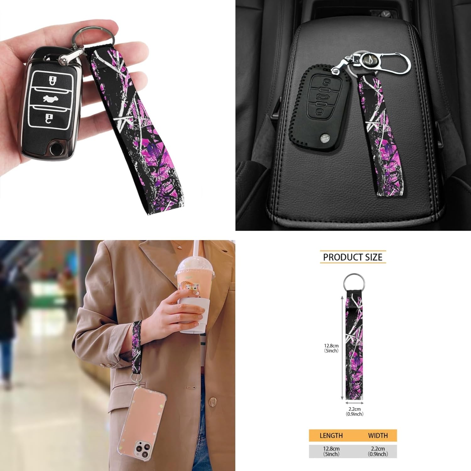 FKELYI Purple Camo Car Seat Covers Full Set with Hand Wristlet Keychain Holder,Camouflage Cup Coasters,Auto Gear Shift Cover,Handbrake Cover,Headrest Covers,Universal Fit Most Vehicle SUV Truck Van