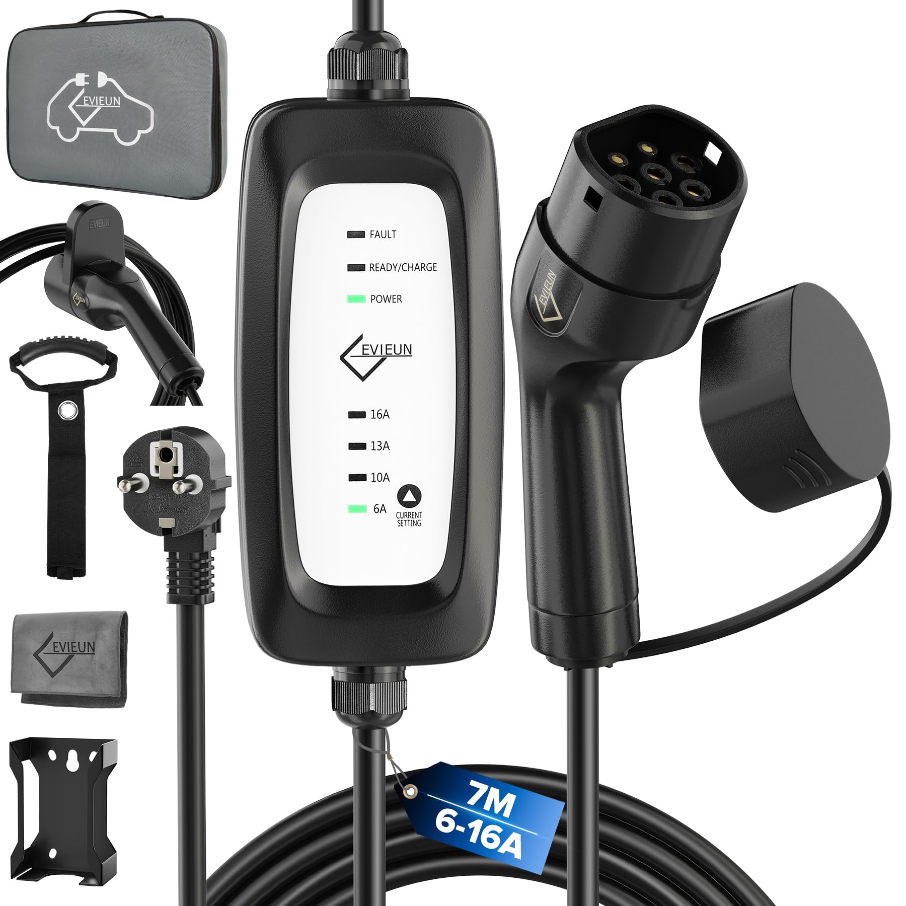 Chargeur Voiture électrique Type 2, 3,6 KW, 6 à 16 A, 7 m | Courant réglable 6/10/13/16 A, Compatible avec ID.3/ID.4, Model 3/Y, Zoe, e-208, Spring, véhicules électriques et hybrides