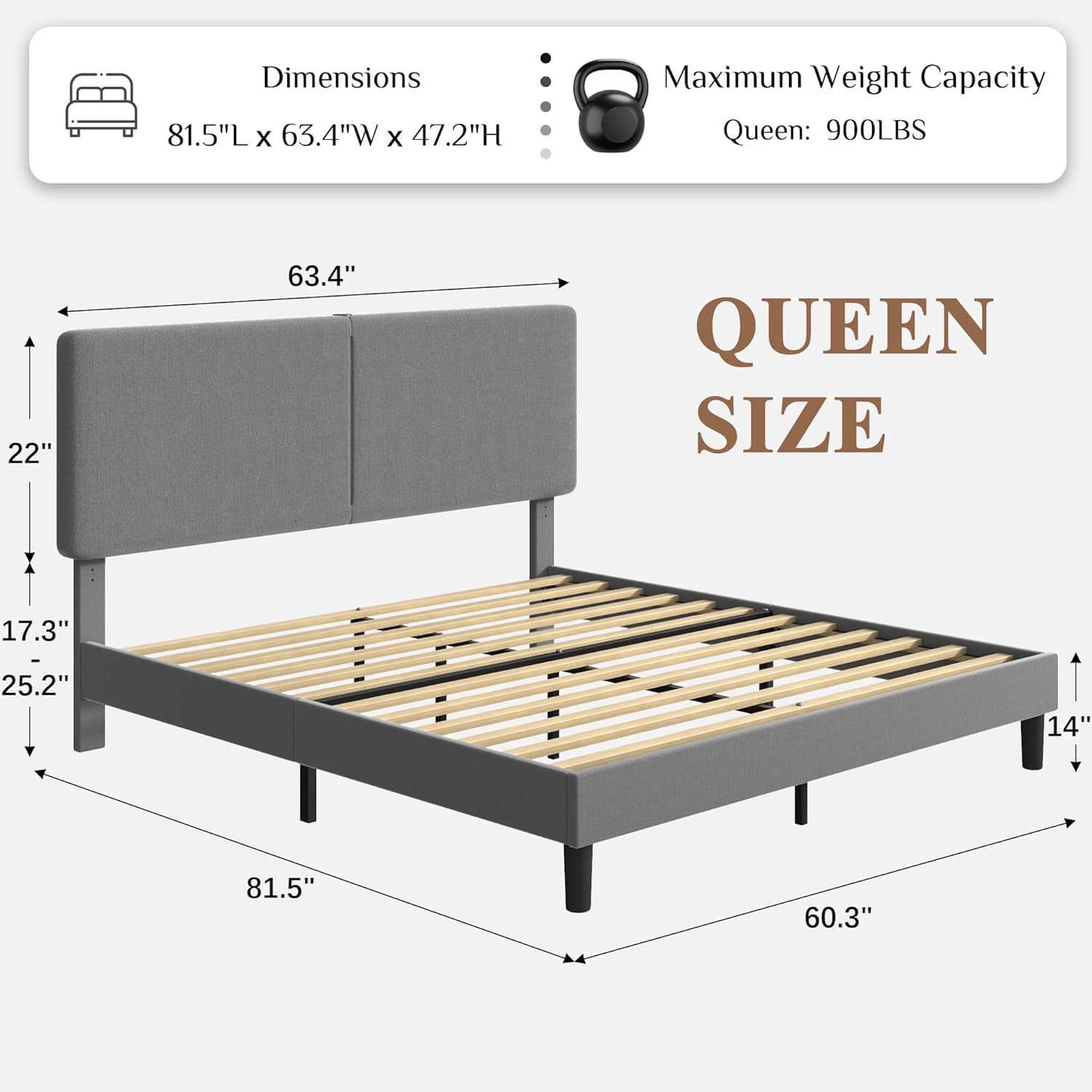 vecelo queen bed frame upholstered with charging station, height-adjustable headboard, wooden slat support, no box spring needed, easy assembly, dark grey grey queen