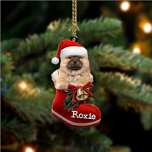 Miniatura 3 de Nazenti Adorno personalizado para perro, adorno de Navidad Chow-Chow en bota de Papá Noel, adorno de plástico plano 2D Chow-Chow para perro, regalo