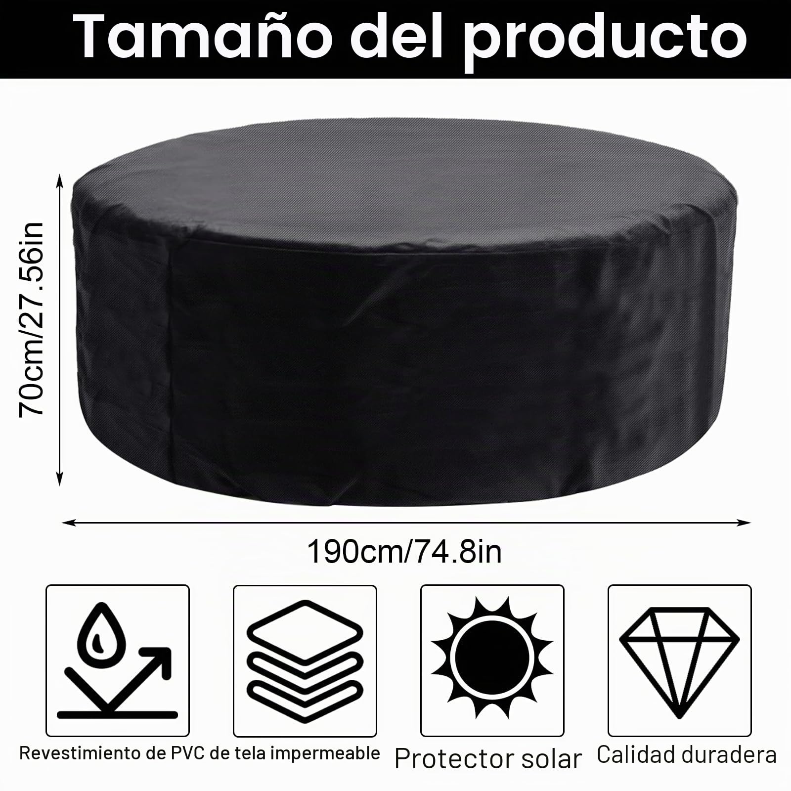 Cubierta redonda Whirlpool 190x70 CM-420D Osta UV e impermeable, cubierta completa para bañera de hidromasaje de 4 asientos al aire libre (portátil)