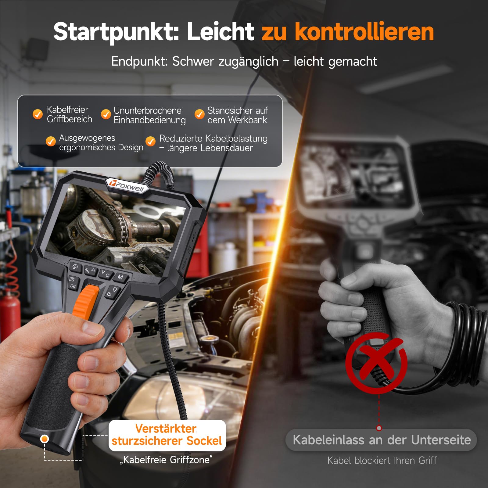 FOXWELL Dual Lens 220° Drehbar Endoskopkamera mit Licht, 3m 1080P Endoskop | IP67 Wasserdichtes Inspektionskamera, 7 LEDs, 32GB Karte, 3m Schwanenhals Endoskopkamera Beweglicher Kopf, 1080P HD Video