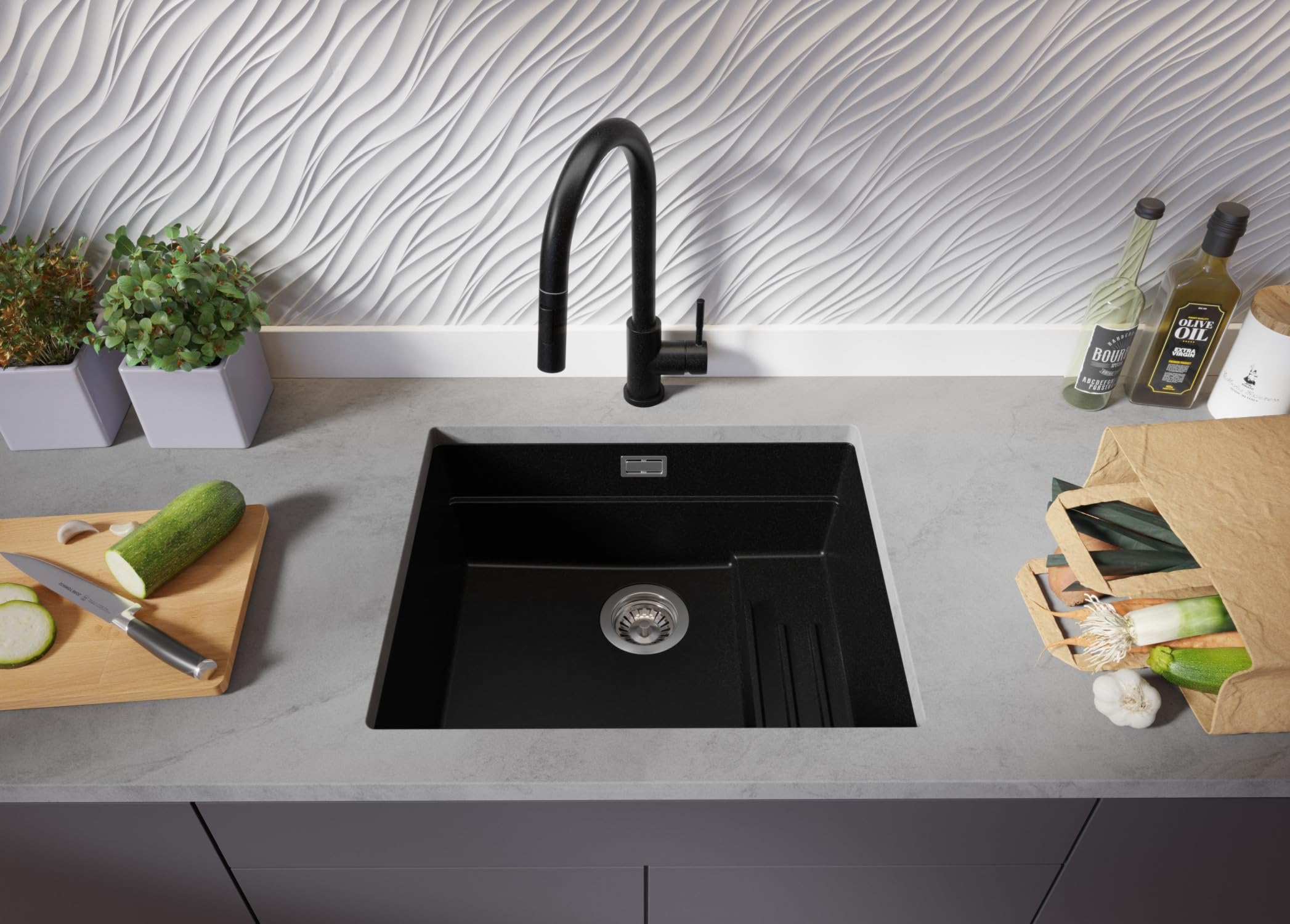 PRIMAGRAN Fregadero bajo Encimera Todo Negro - Prague Step, 56x47cm | Cocina 1 Seno + Set de accesorios, Granito al Mueble 60cm (S367)