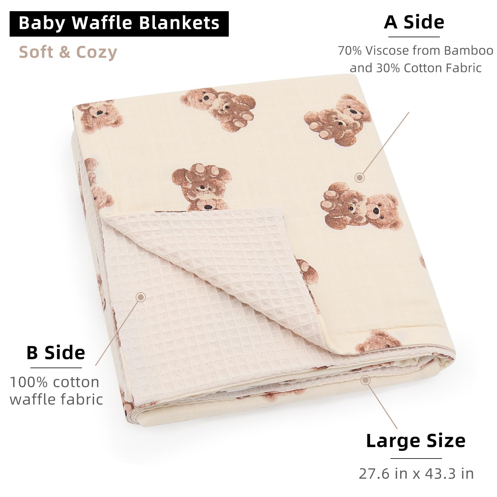 LifeTree Coperte per bambini a nido d'ape, coperte in mussola per ragazzi e ragazze, coperte neutre su entrambi i lati con parte anteriore in mussola e retro a nido d'ape, motivo orso