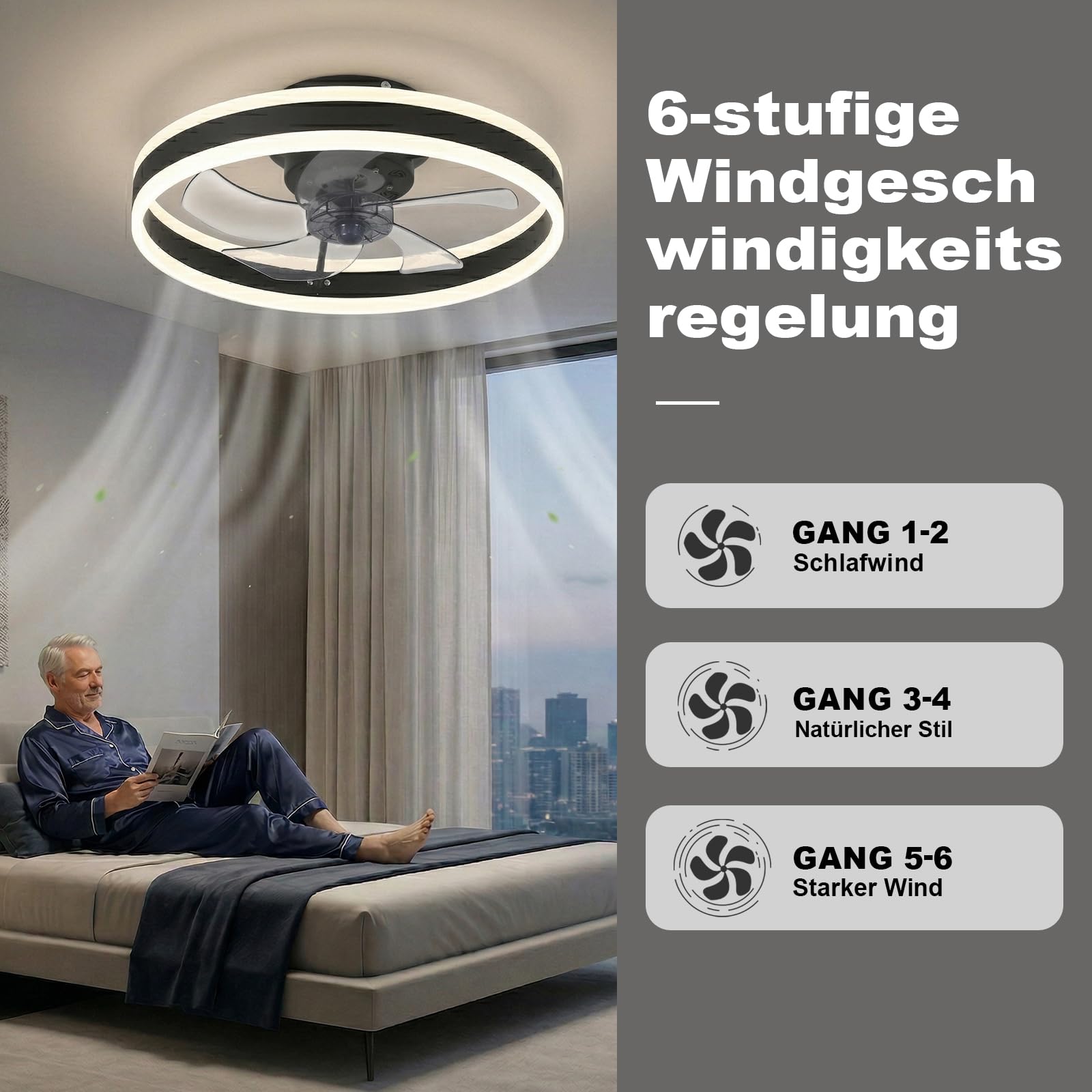 DATO Deckenventilator mit Beleuchtung, 3 Farbtemperatur und 6 Geschwindigkeiten, APP/Fernbedienung Leise Dimmbar, Schwarz, 50CM