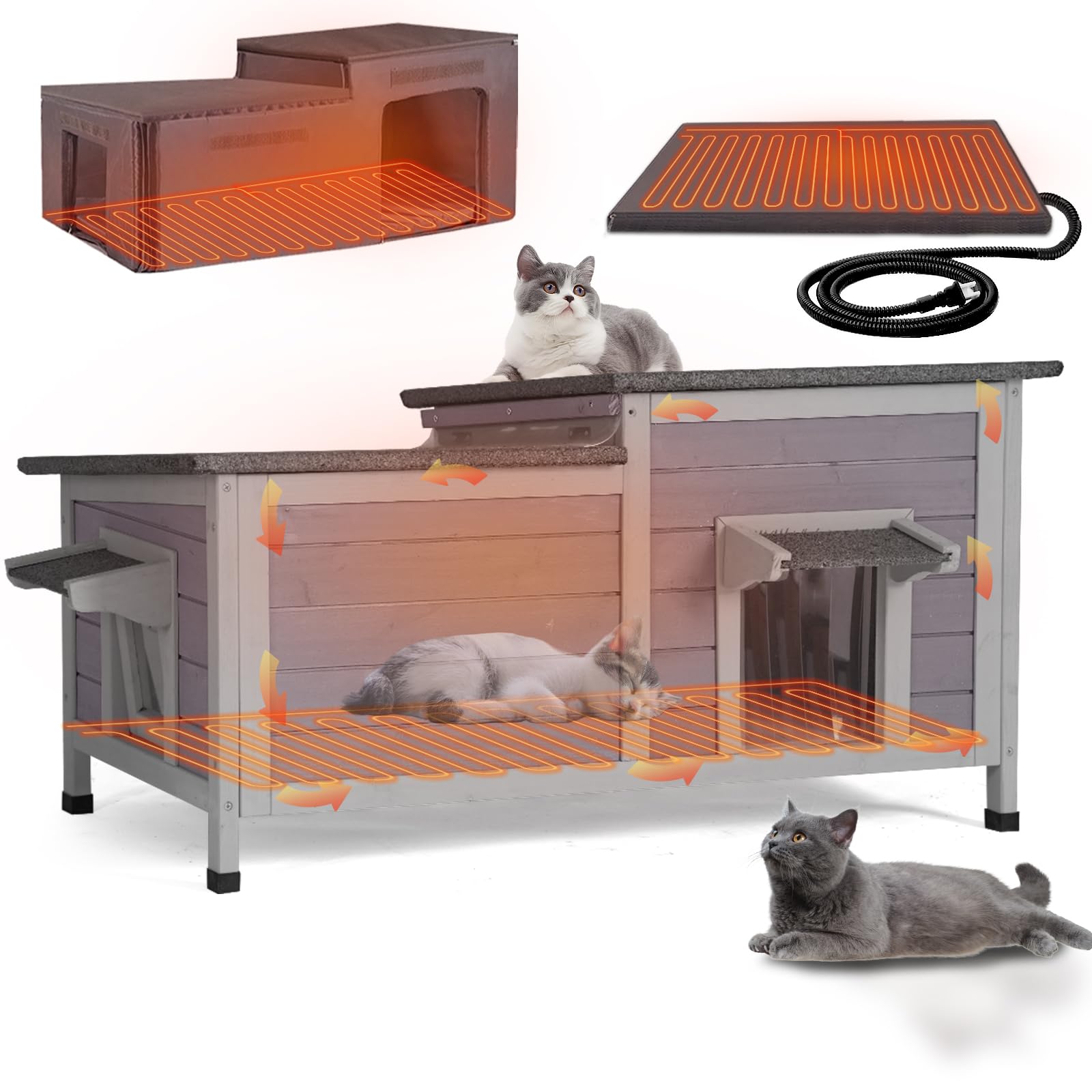 GUTINNEEN Large Heated Cat House Outdoor Insulated Cat House Weatherproof Feral Cat Shelter with Thermostat-Controlled Heating Pad, 6-Sided Thermal Liner for 1-4 Feral Stray Barn Cats (Winter-Ready)