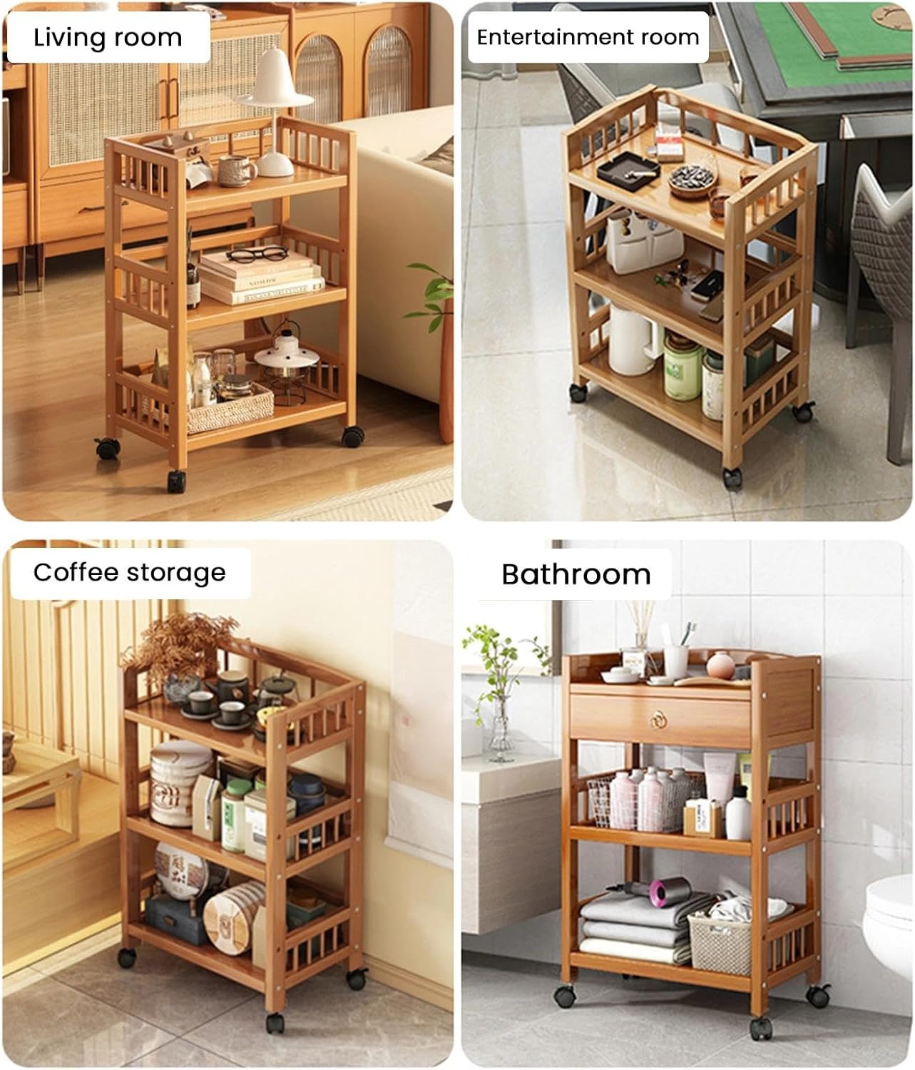 Mobile Cart Organiser with Wheels, Rolling Utility Solid Bamboo Mobile Storage Trolley & Shelving Organizer, Shelving Units Kitchen Bathroom Laundry Room(No Drawer,27.5x11.8x32.3in)