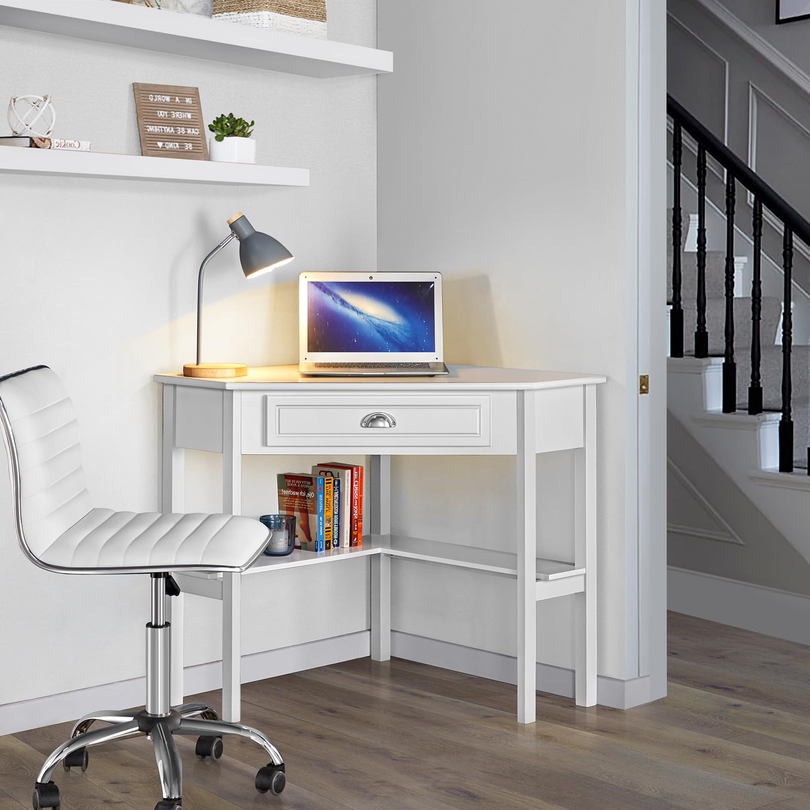 Yaheetech Scrivania Angolare per Computer Desktop Computer in Legno con Cassetto e Ripiano Portaoggetti per Postazione di Lavoro Elegante 106 × 71,5 × 76,5 cm Bianco