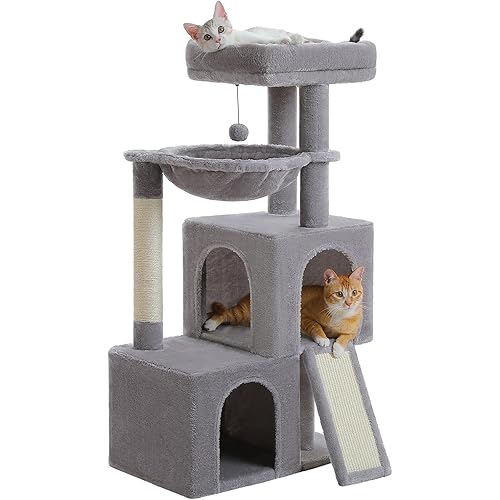 PAWZ Road Large Cat Tree, 41 Inches Multi-Level Cat Tower with 2 Spacious Condos for Indoor Cats, Large Cat House with Comfy Hammock, Padded Perch, Scratching Pad and Replaceable Balls-Gray