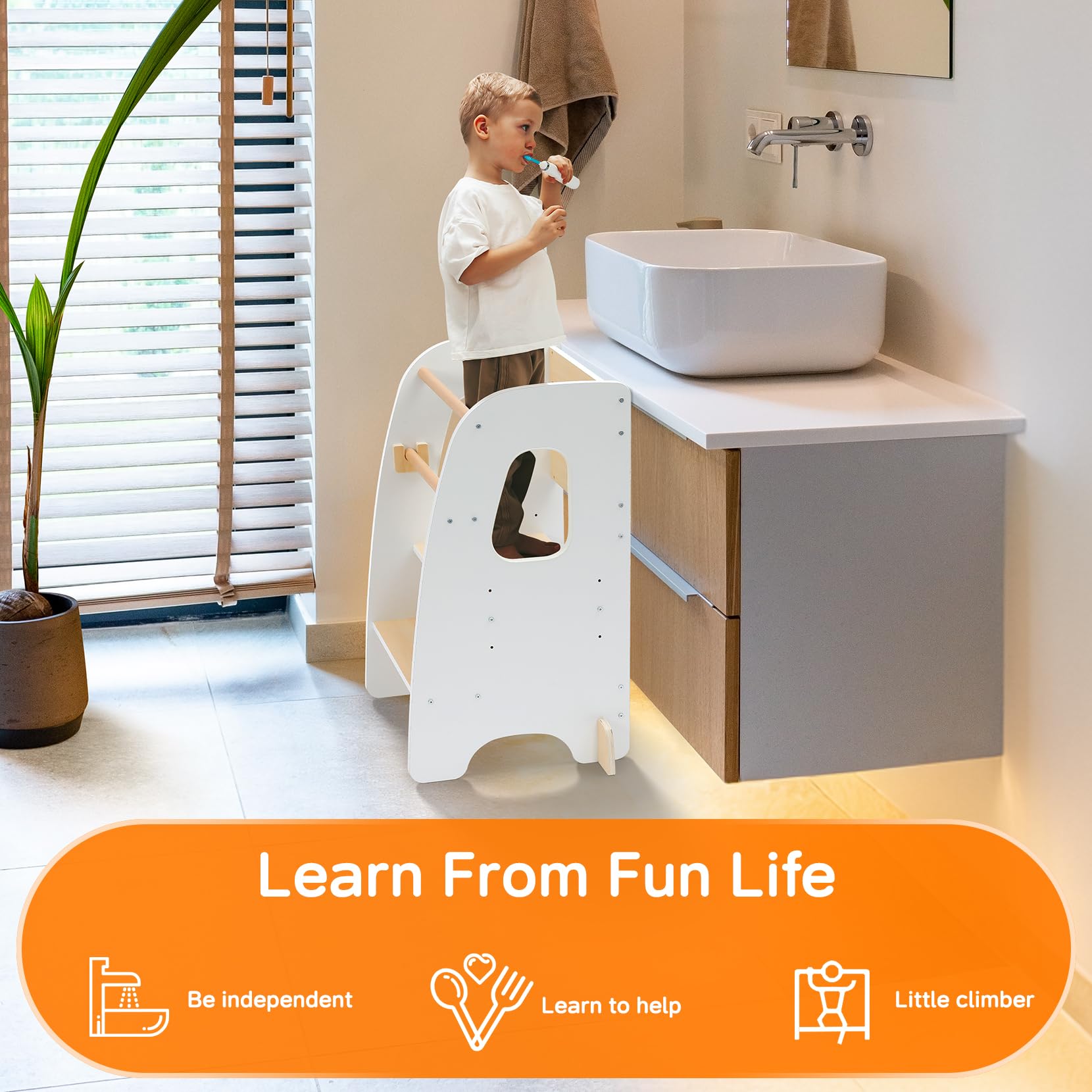 Ezebaby Taburete para niños pequeños, taburete de cocina ajustable, taburete de entrenamiento para niños, para encimera de cocina, fregadero de baño, con riel de seguridad, patas antideslizantes,
