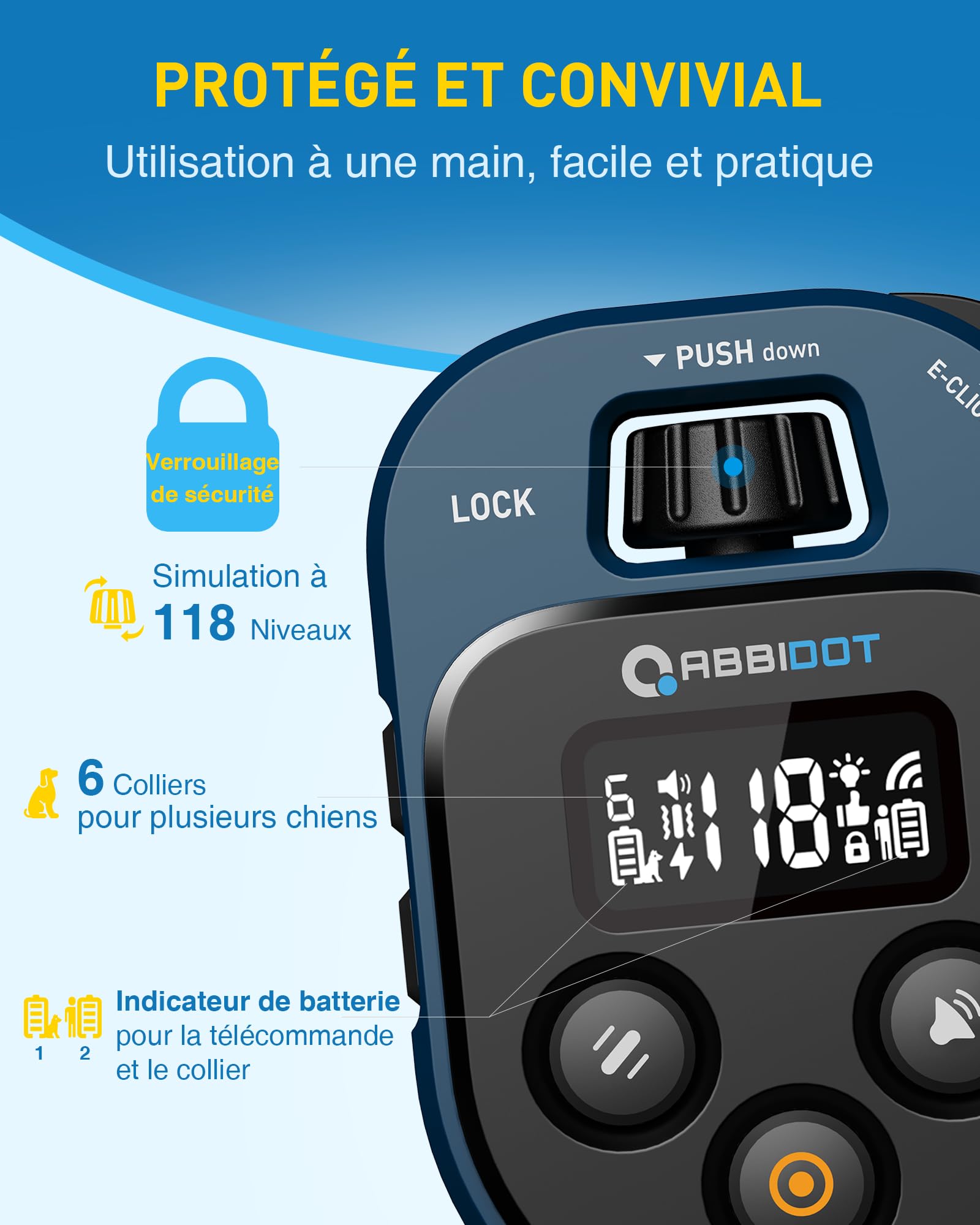 Collier De Dressage Pour Chien ABBIDOT T60 - Portée 3.2km, 4 Modes (son, Vibration, Choc), étanche IPX7, Rechargeable