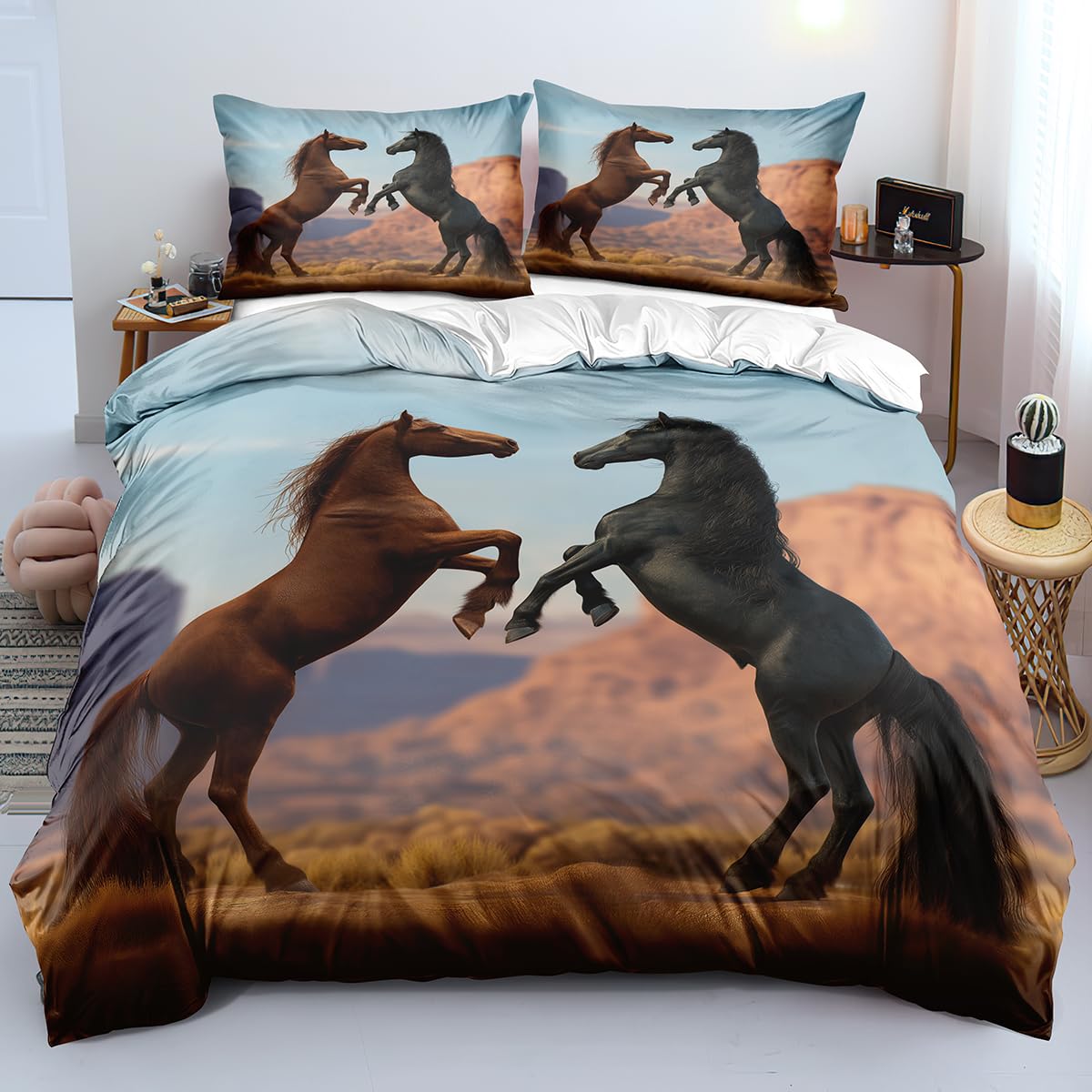 Housse de couette 240x220 cheval noir parure de lit microfbre pour chambre d'enfant