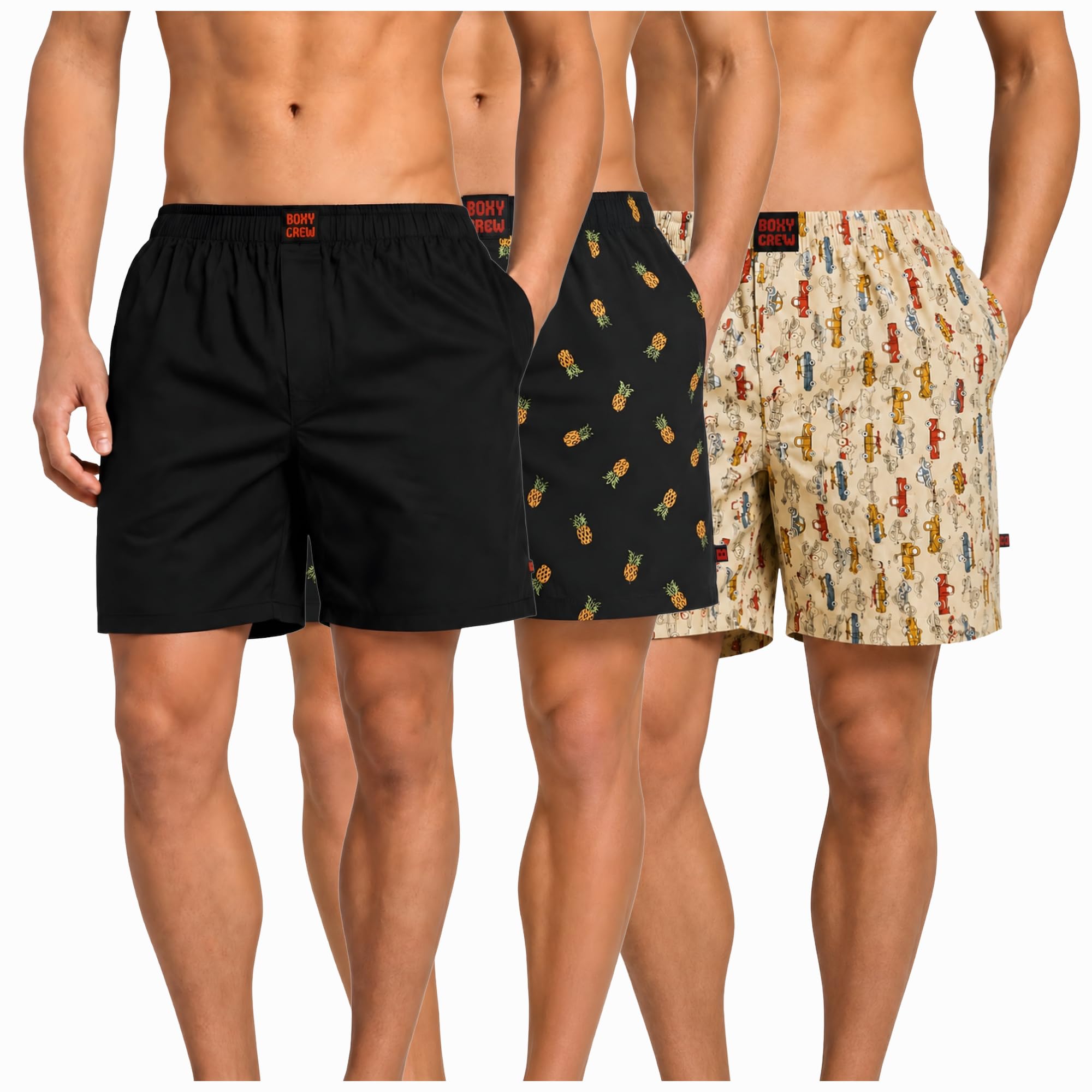 Men's 100% Cotton Boxer Shorts Pack of 3, Black, Charcoal & Beige | Woven Boxers with Side Pockets, No-Marks Elastic Waistband, Breathable Relaxed Fit | Style 001-004-013-picture-20