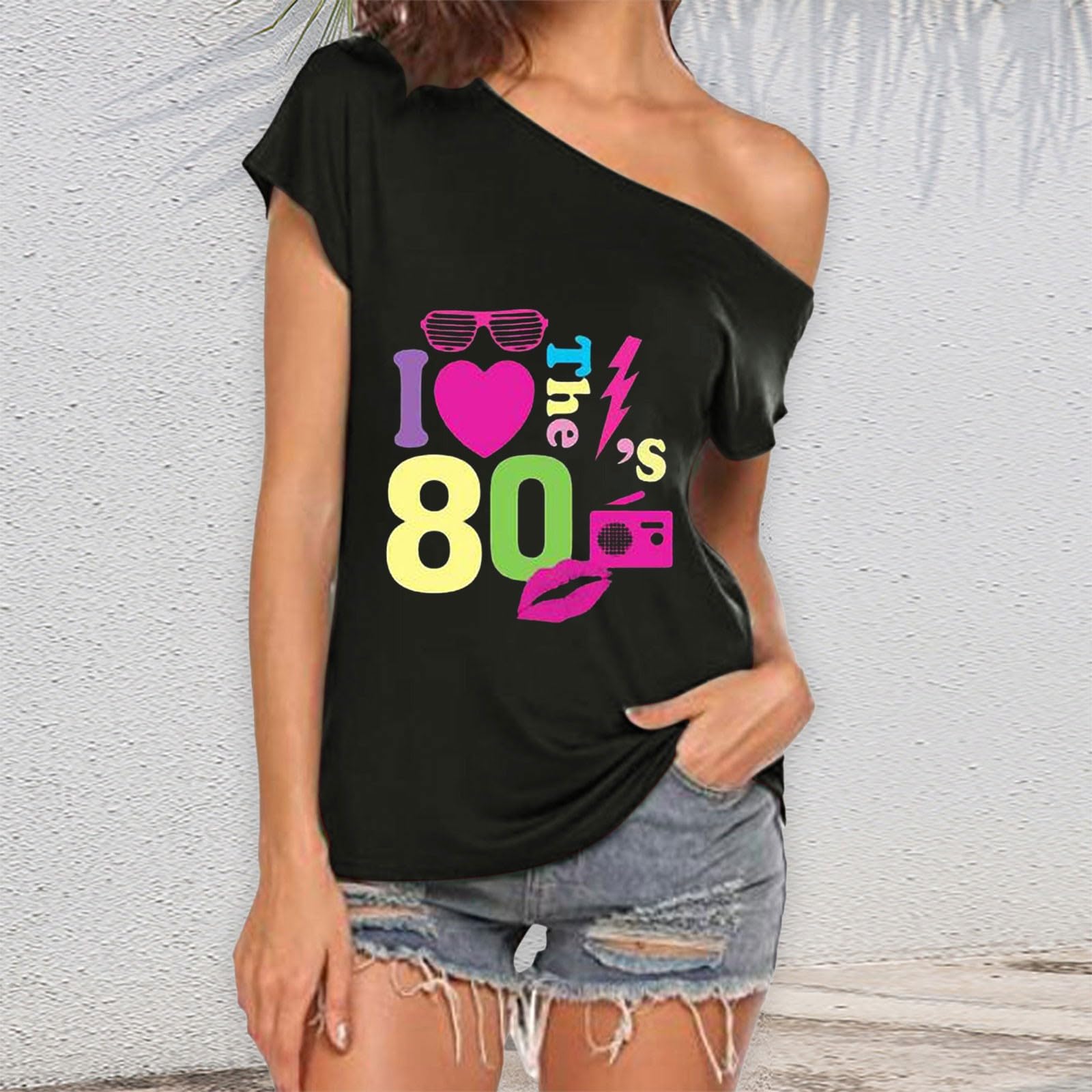 Carino Top per Donna I Love The 80s off The Shoulder T Shirt Discoteca 80s Costumi Top Magliette