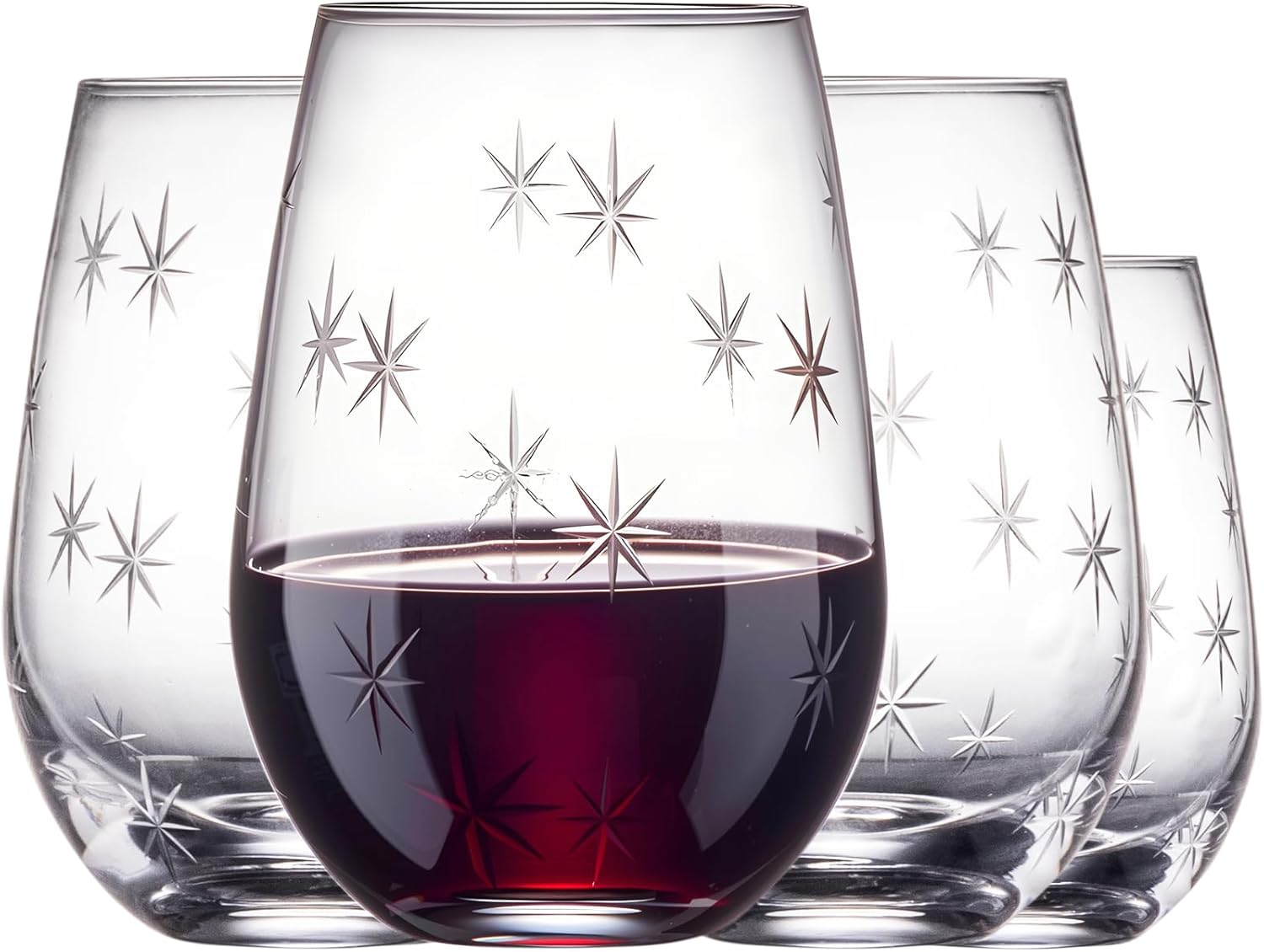 SHOSHIN Stemless Wine Glasses Set of 4 – 18oz Hand-Cut Lead-Free Crystal with Exquisite Star Pattern, Dishwasher Safe, Perfect for Parties and Weddings