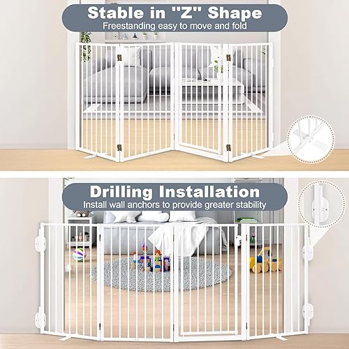 Miniatura 5 de Puertas de metal independientes para perros con puerta para interiores y exteriores, 80 pulgadas, extra ancho, 32 pulgadas de alto, puerta