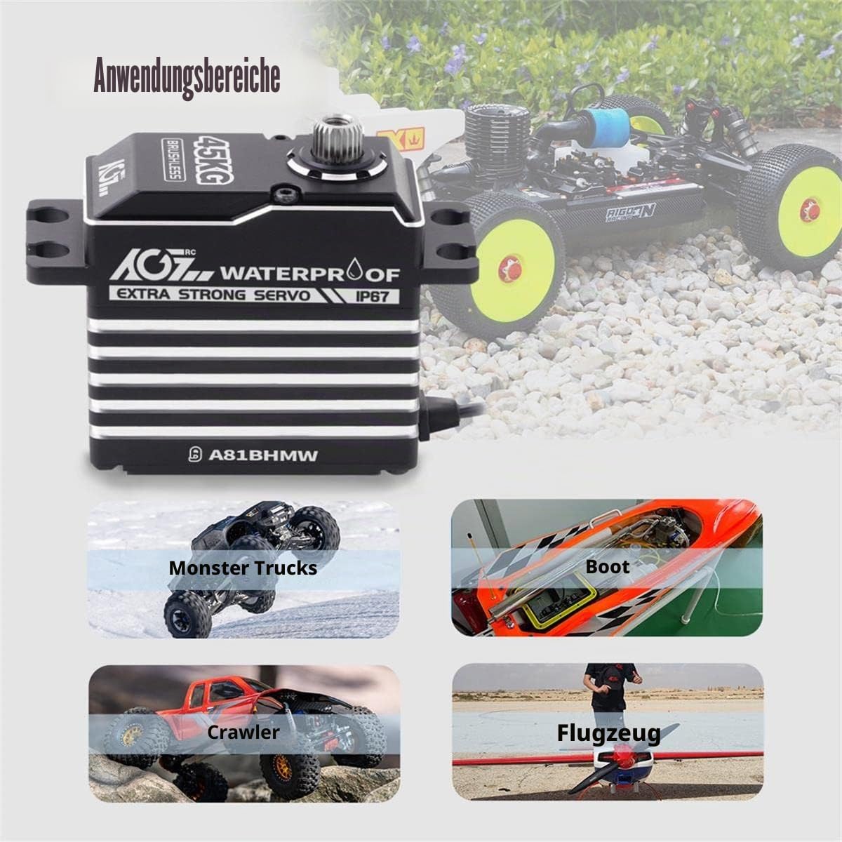 AGFRC 45 kg wasserdichter RC-Lenkungs-Servomotor High-Torque – Vollmetallgetriebe, digitales bürstenloses Servo für 1/8 1/10 RC Auto Boot Crawler, Steuerwinkel 180 ° (A81BHMW)