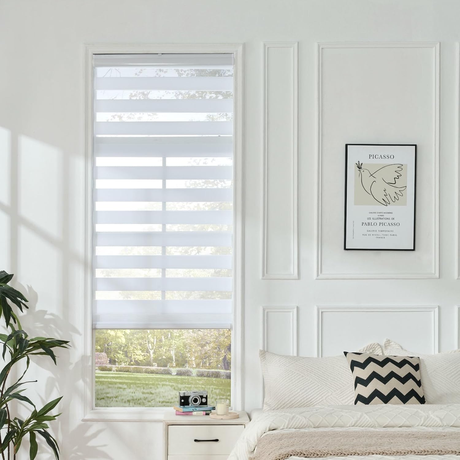 Joydeco Cordless Zebra Blinds for Windows, Dual Layer Free-Stop Zebra Shades Privacy Light Control for Day and Night, Light Filtering Sheer Blinds for Indoor Windows, Home (35" W X 75" H, White)