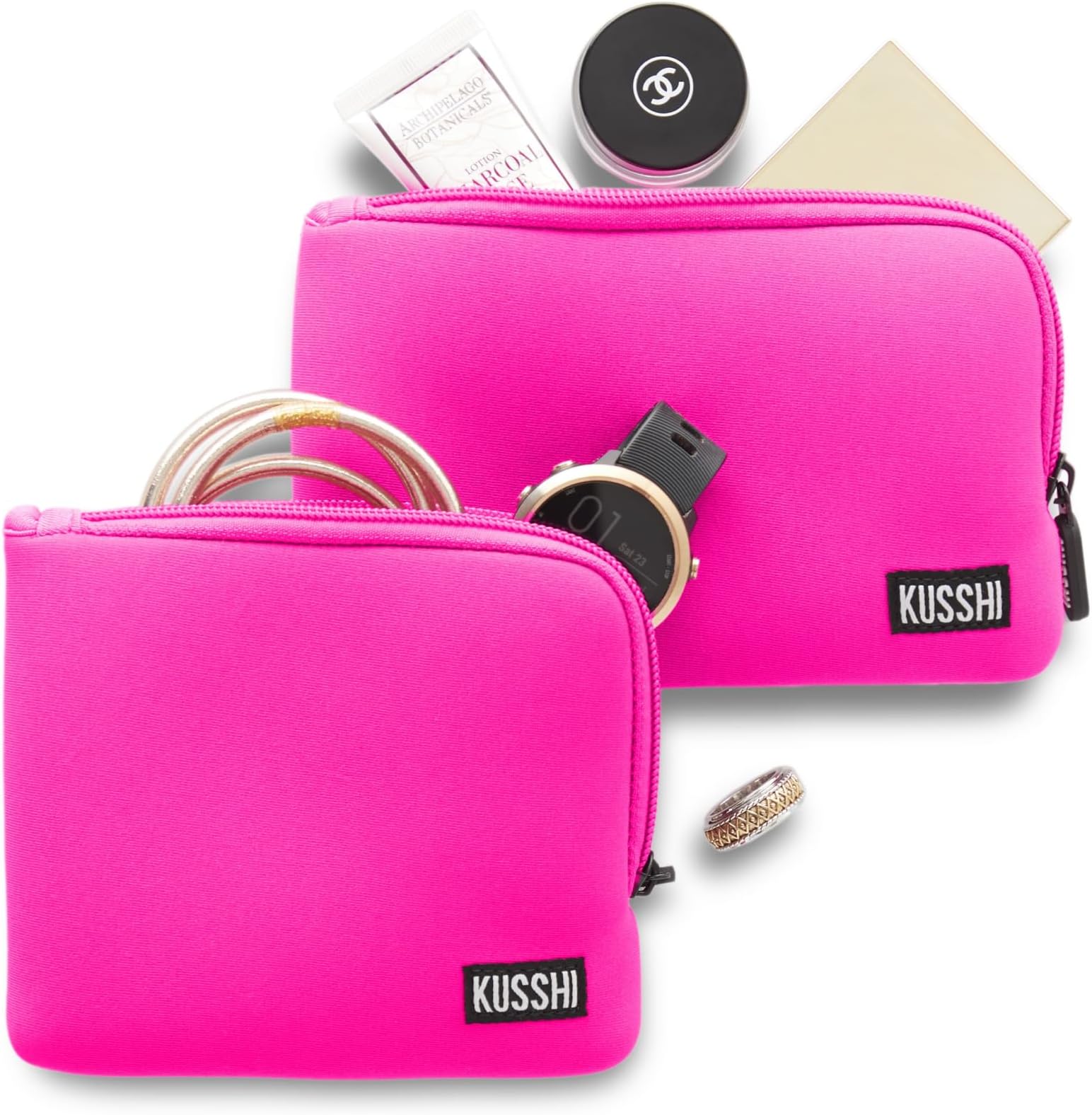 KUSSHI 2pc Neoprene On-The-Go Pouch Set - Passport Holder and Travel Zipper Makeup Pouch for Purse - Small Purse Pouch for Organization, Electronics, Glasses & Valuables (Pink)