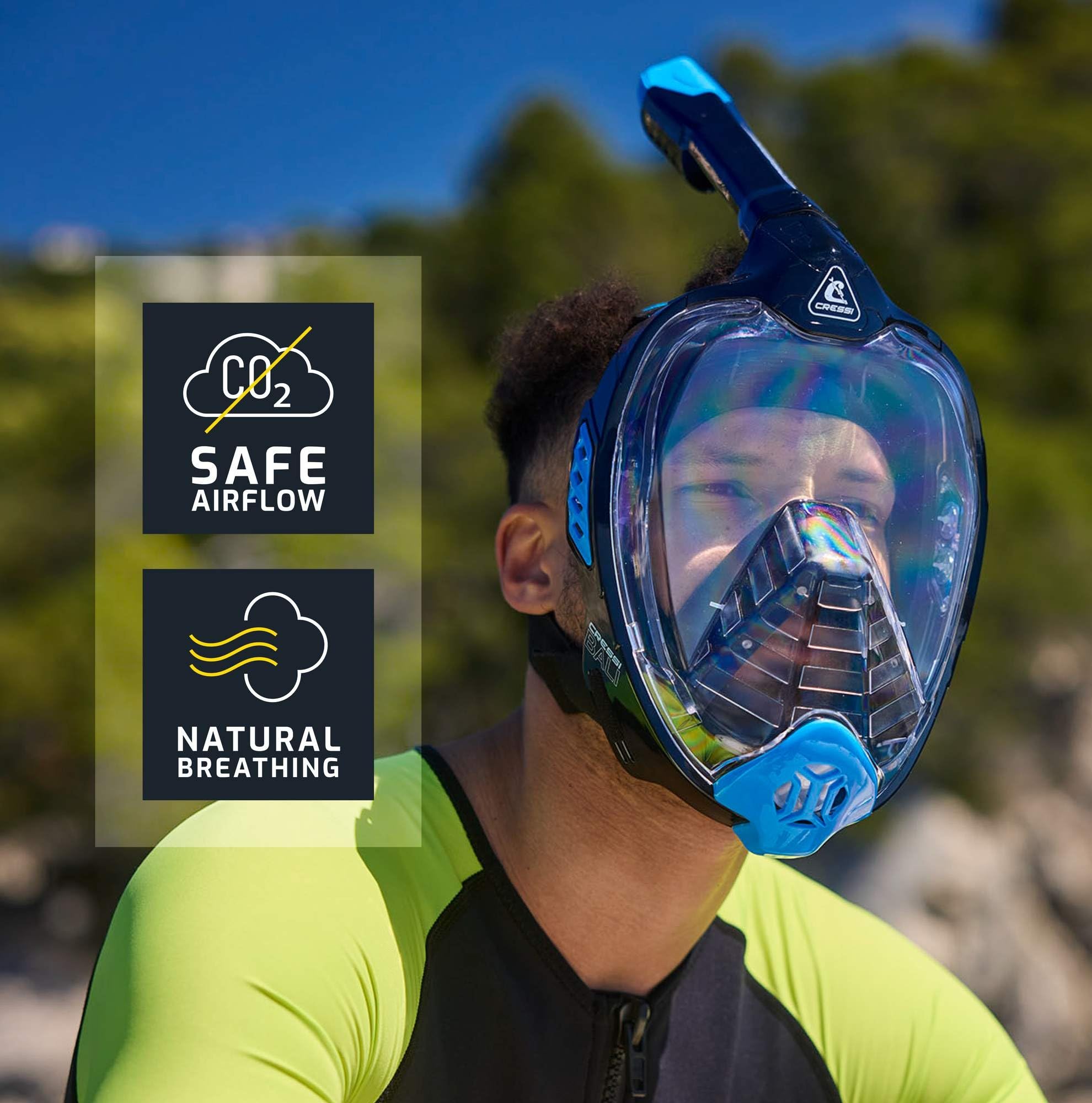 CRESSI Bali Full Face Mask-Máscara Integral Unisex para Snorkeling, Lente Ultra Transparente Antivaho, 100% Silicona, Tubo Seco con Válvula, Apoyo Action CAM
