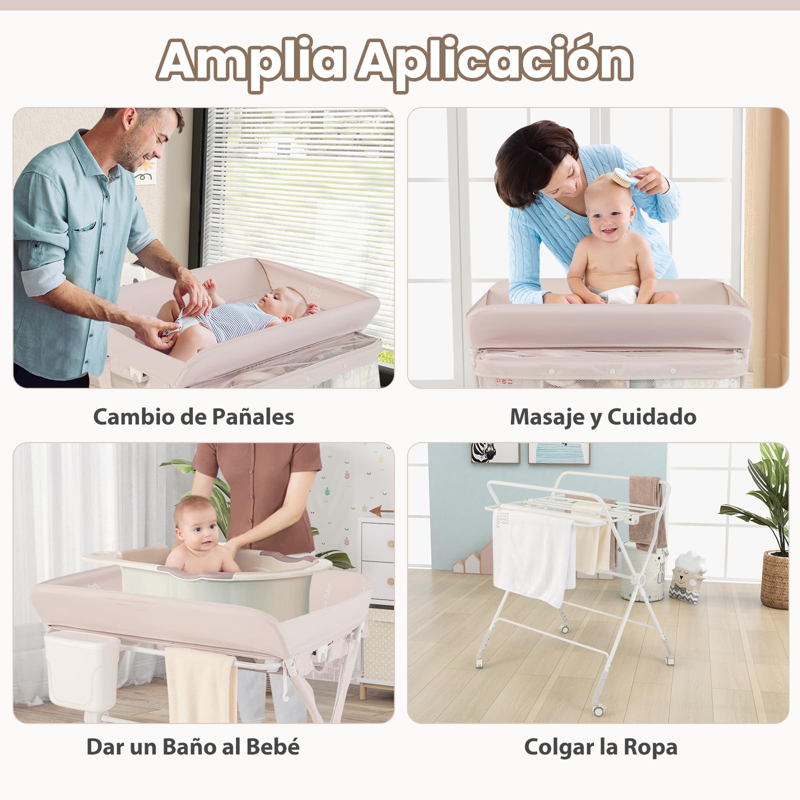 GOPLUS Cambiador de Pañales Plegable y Portátil, Cambiador Bebe con Altura Ajustable, 4 Ruedas Universales con Frenos para Bebés de 0-12 Meses, Carga hasta 11 kg (Beige)