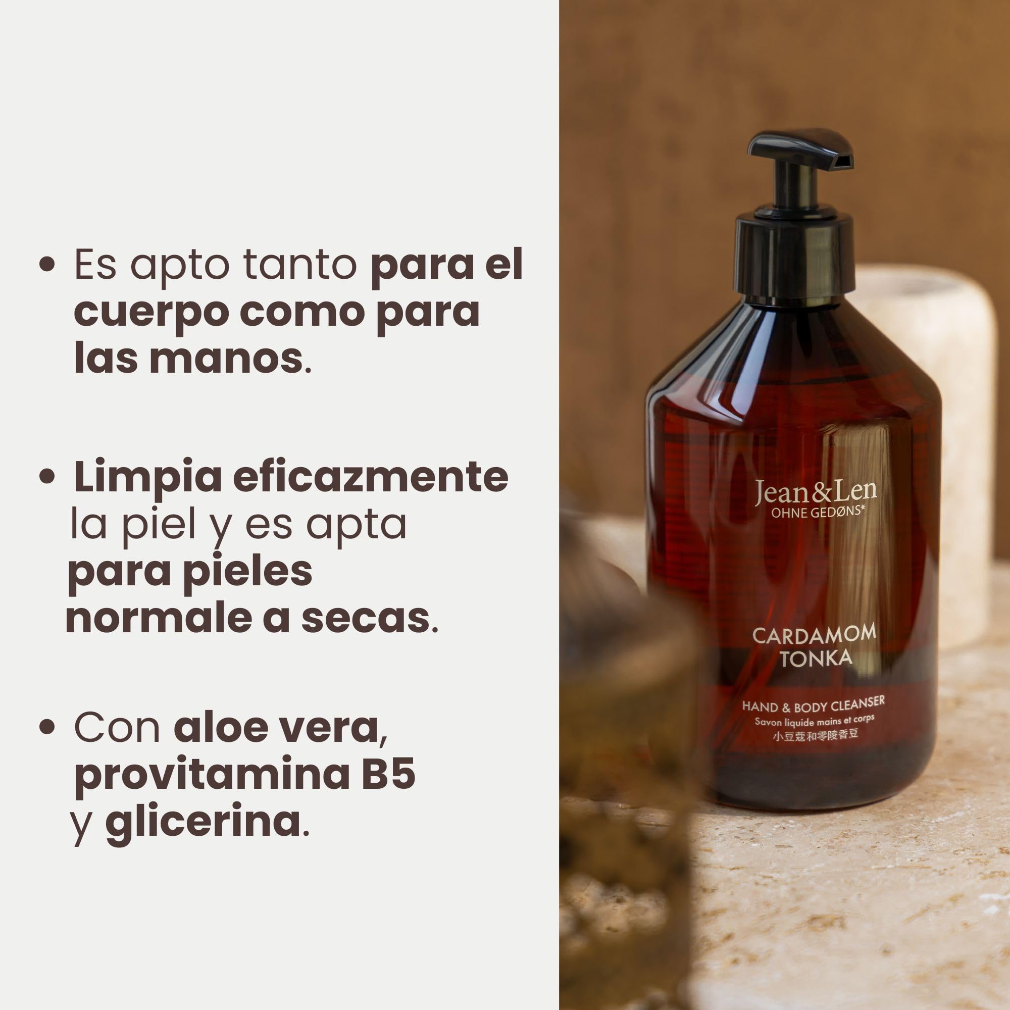 Jean & Len Hand & Body Cleanser Cardamom & Tonka en bolsa de recarga, para una experiencia de limpieza aromática, aroma exótico y especiado, jabón líquido de recarga, vegano, 1,5 L