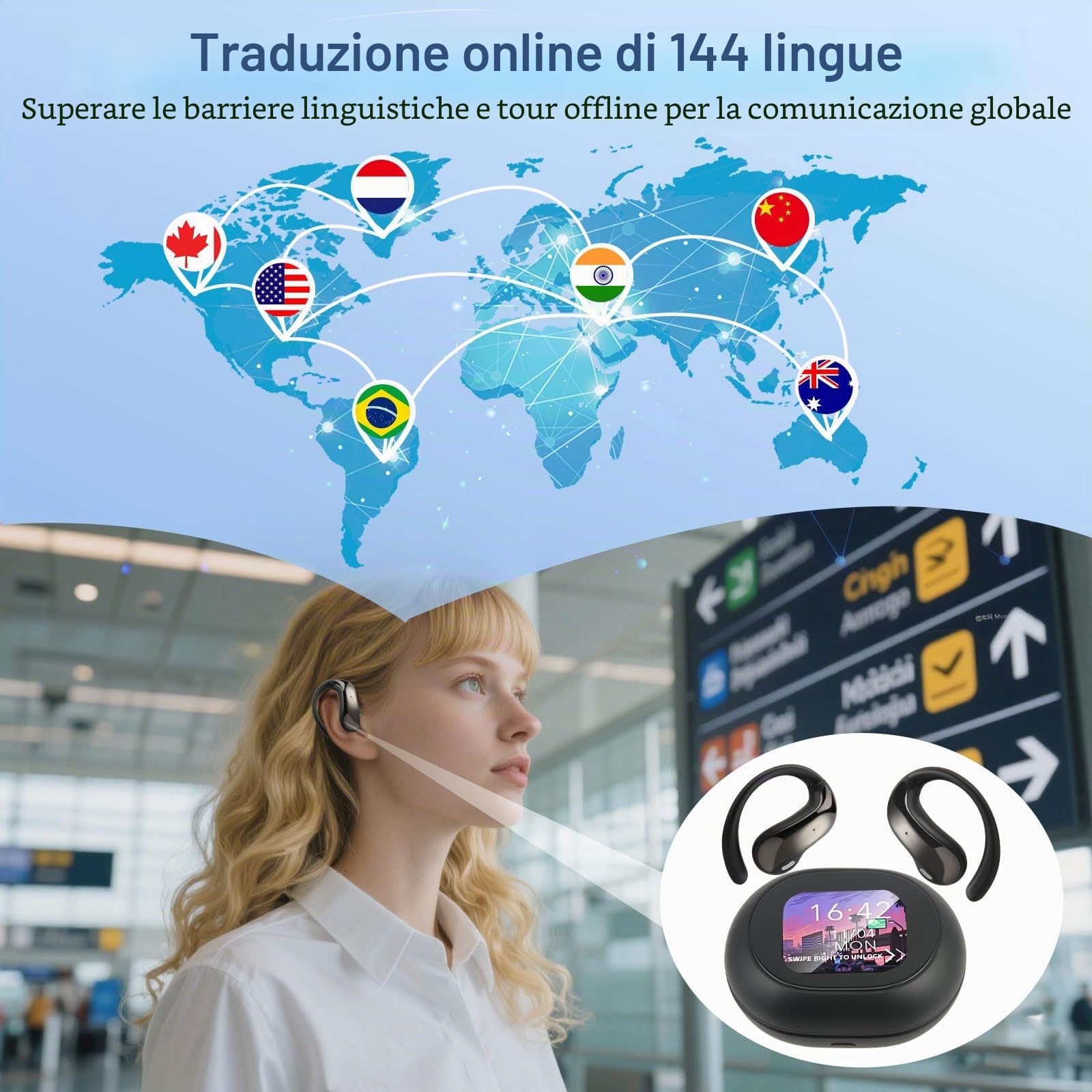 AI Cuffie Traduzione Simultanea,Schermo Lcd Touch,Bluetooth 5.4,Auricolari Traduttori Istantanei,Auricolari Traduttore Senza Fili Per Viaggi,Affari,Studio144 Lingue
