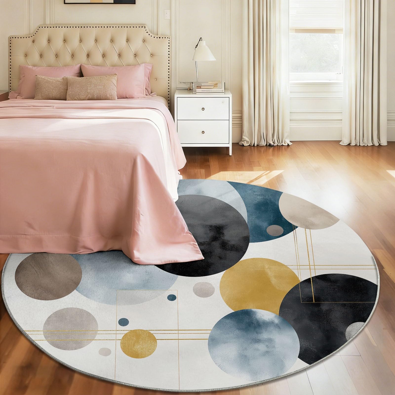 Geometrisch Kreise Waschbar Teppich Rund 120 cm, Weich & rutschfest Teppiche Wohnzimmer, Modern Minimalistisch Abstrakt Kurzflor Teppich for Schlafzimmer, Beige