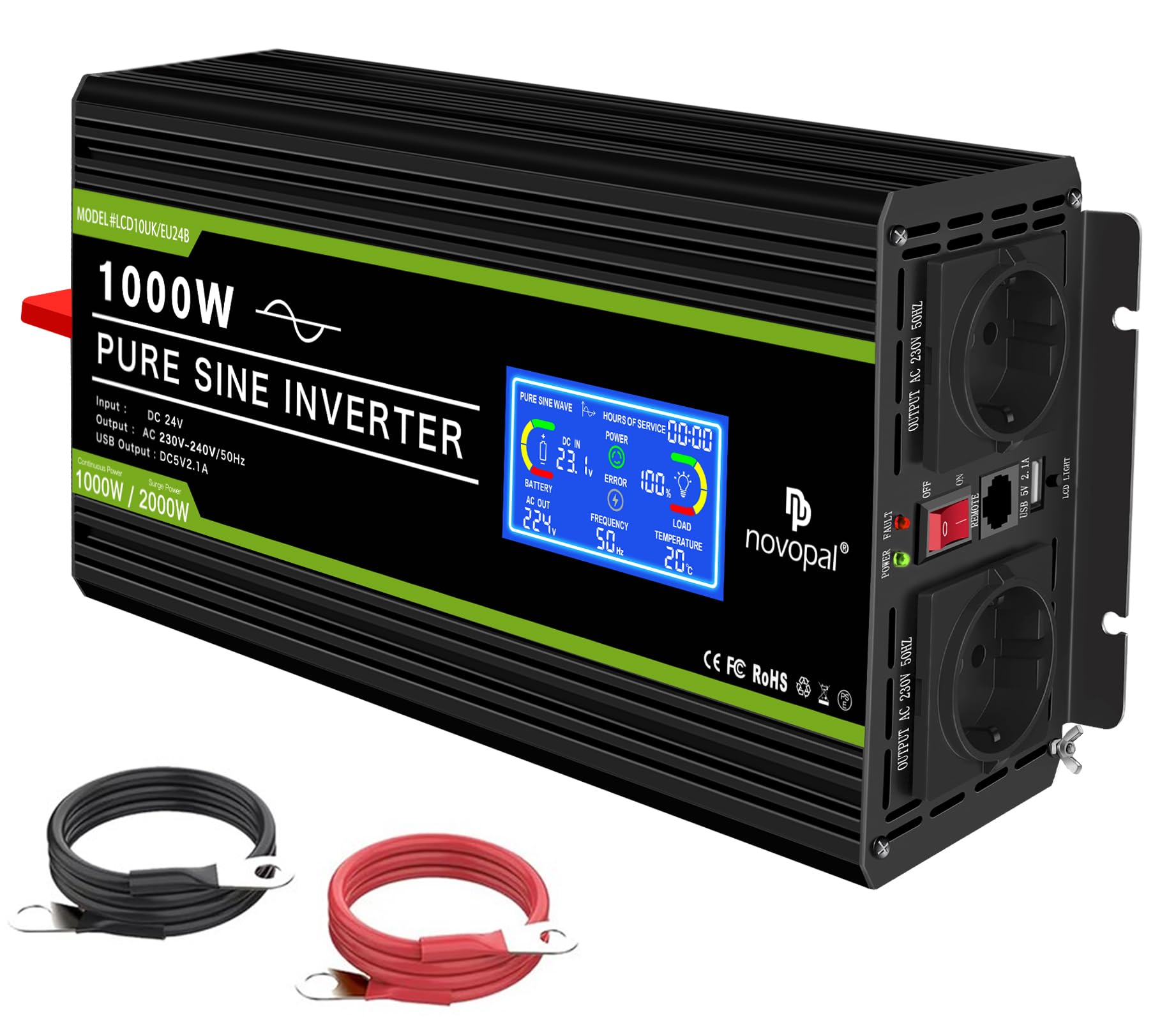 NOVOPAL 1000W Convertitore puro Sinus -DC 24 V a AC 220 V/230 V Inverter con display LCD e telecomando -Potenza di punta 2000 W Trasformatore di tensione