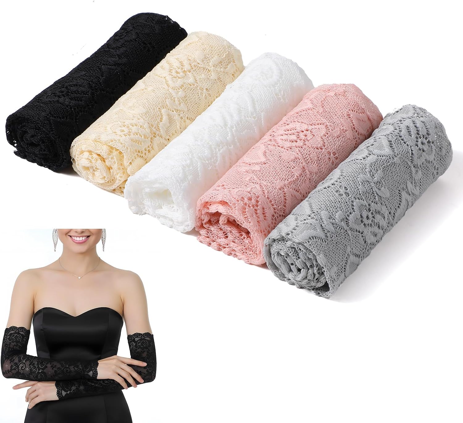 5 Pairs Women Lace Arm Sleeves Fingerless Arm Sleeve Floral Hollow Arms Cover Warmer Elbow Length Lace Sleeves to Cover Arms for Women