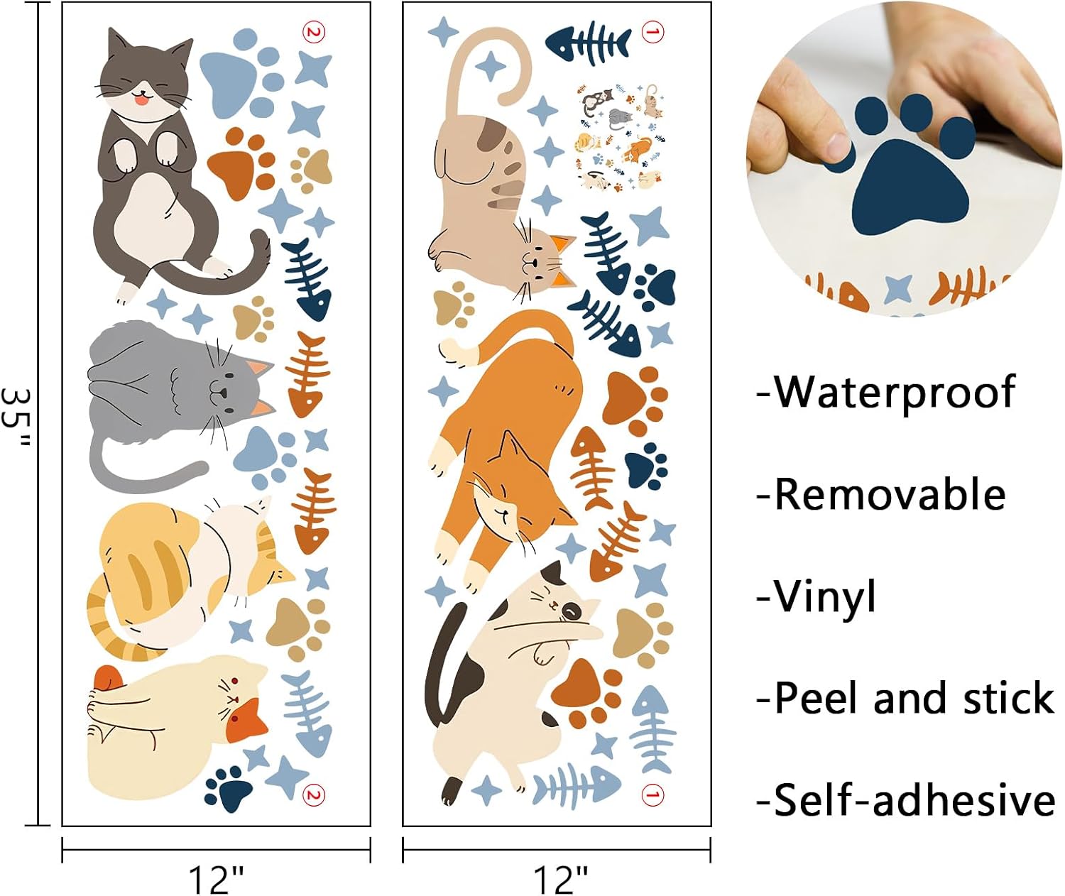 Mfault Cute Cat Wall Decals Stickers, Kitty Paw Prints Fish Bone Nursery Decorations Kids Bedroom Art, Stars Baby Toddler Room Playroom Decor Pet Cat Owner Lover Gifts