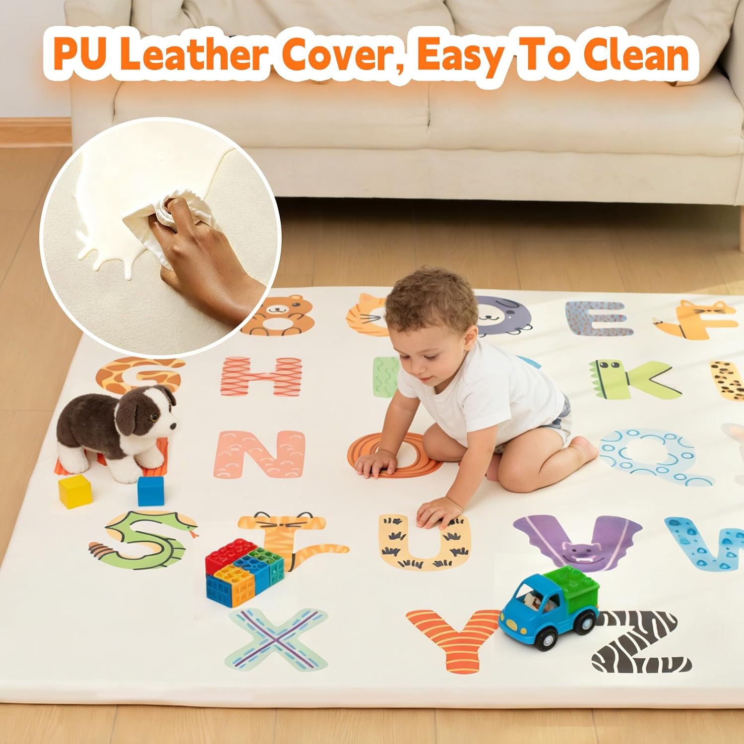 1.3" Thick Baby Play Mat for Floor，50x50 PU Leather Playpen Mat for Toddlers Infant Kids,Ultra Soft Support Cushioned & Waterproof Playmat for Baby,Non-Slip Backing Safe for Crawling/Alphabet Pattern