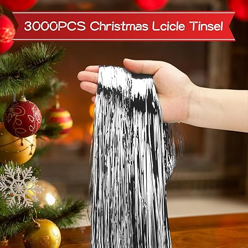 Miniatura 3 de Paquete de 3000 hebras de flecos de oropel de carámbanos navideños plateados de papel de aluminio | 19.6 pulgadas, cortina de oropel para árbol de