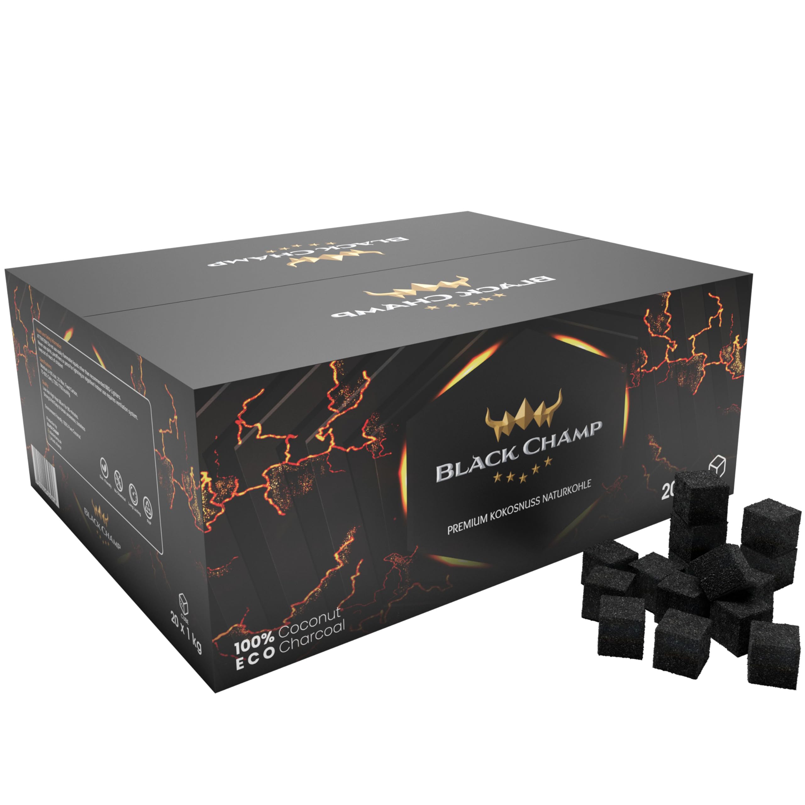 Shisha Kohle | 27 mm | 20 kg | Black Champ | Premium Naturkohle aus Kokosnussschalen| Für Shisha und Grill