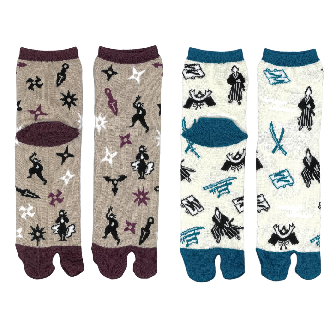 Waraku Fuuka Japanese Tabi (Set of 2 Pairs) Split Toe Socks Colorful, Samurai, Ninja -Warriors Design-, 5-7
