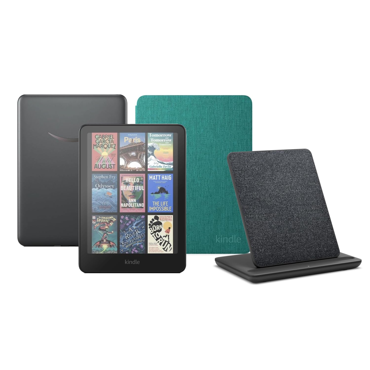 Kindle Colorsoft Signature Edition (32 GB) without ads, an Amazon Fabric Cover and a Made for Amazon Wireless Charging Dock