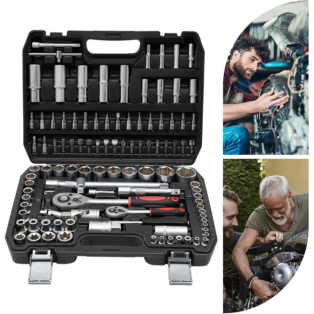 108szt Klucz Z Grzechotką Zestaw Narzędzi Mechanicznych Zestaw Nasadek Metrycznych Z Napędem 1/4 I 1/2, Szybkie Zwalnianie Odwracalny Klucz Z Grzechotką Do Napraw Samochodowych
