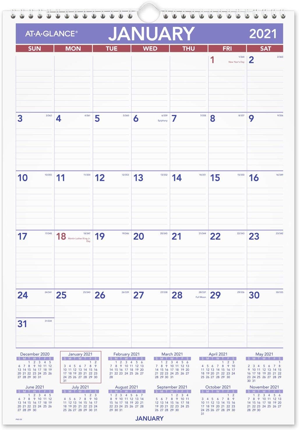 2021 Wall Calendar by AT-A-GLANCE, 12" x 17", Medium, Monthly, Wirebound (PM22821)
