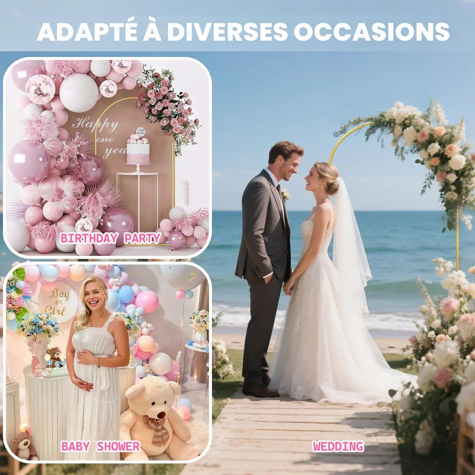 Structure et support de fond en métal doré de 1,8 m de hauteur et 0,8 m de largeur pour mariages, anniversaires, remise de diplômes et fêtes