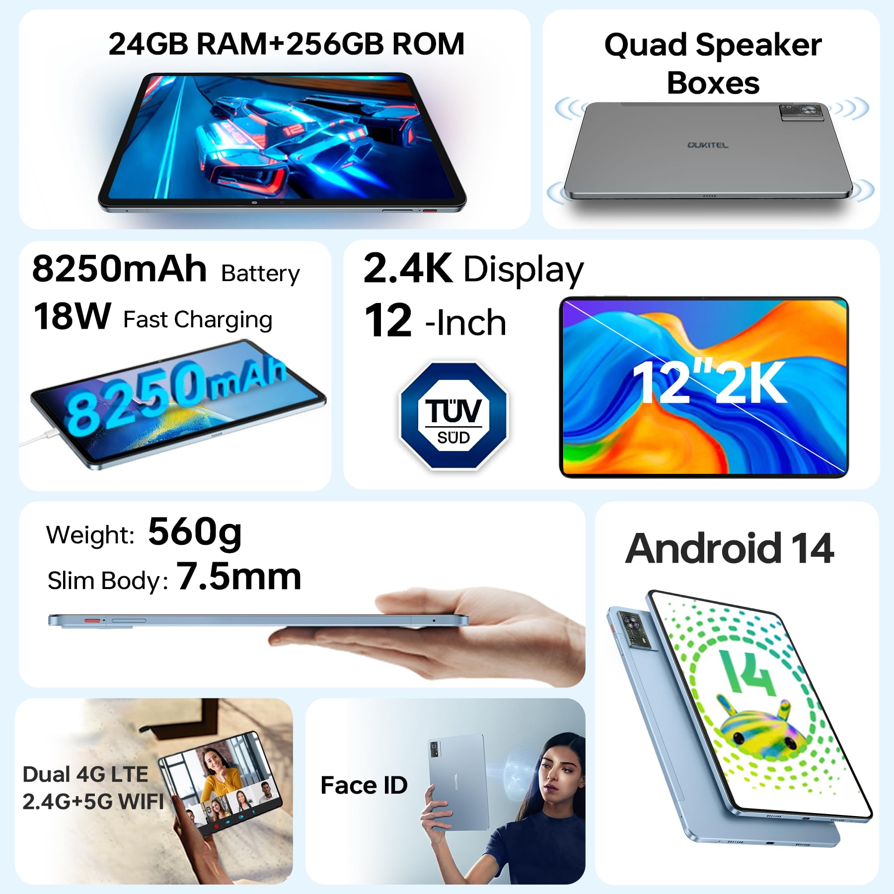 OUKITEL OT5S Android 14 Tablet 12 Pollici - 12GB RAM+256GB (2TB TF) Gaming Tablet, 8250mAh, 2.4K Display, Widevine L1, Octa-core, 12MP 5G Tablet PC 4G LTE /5G WiFi/GMS/GPS/BT5.0/18W PD