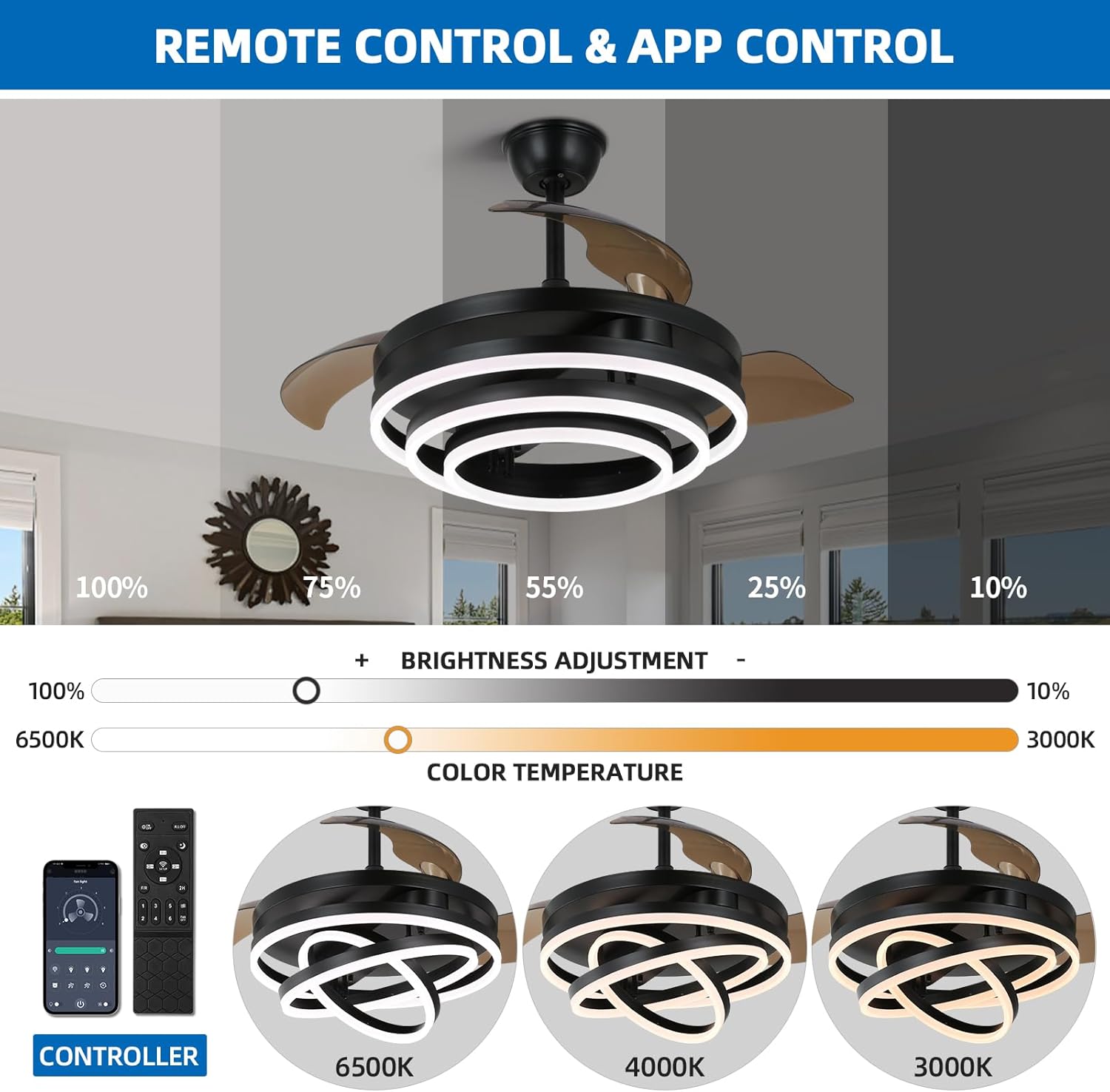 Retractable Ceiling Fan with Lights and Remote/APP Control,Dimmable,Timer Setting,6 Speed,42 Inch Modern Chandelier Ceiling Fan for Bedroom/Living Room/Kitchen/Kis Room/Patio