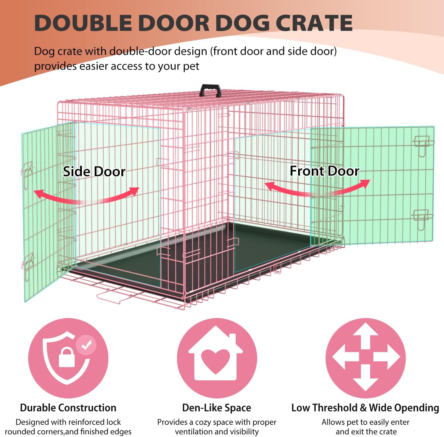 30 Inch Dog Crate,Medium Dog Crate with Double Door Divider Panel Handle,Folding Metal Wire Dog Cage Animal Crates with Plastic Leak-Proof Pan Removable Tray Pet Kennel for Indoor Outdoor Travel,Pink